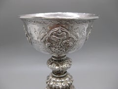 Fine Antique 19C Tibetan Sterling Silver Repousse Ritual Yak Butter Oil Lamp