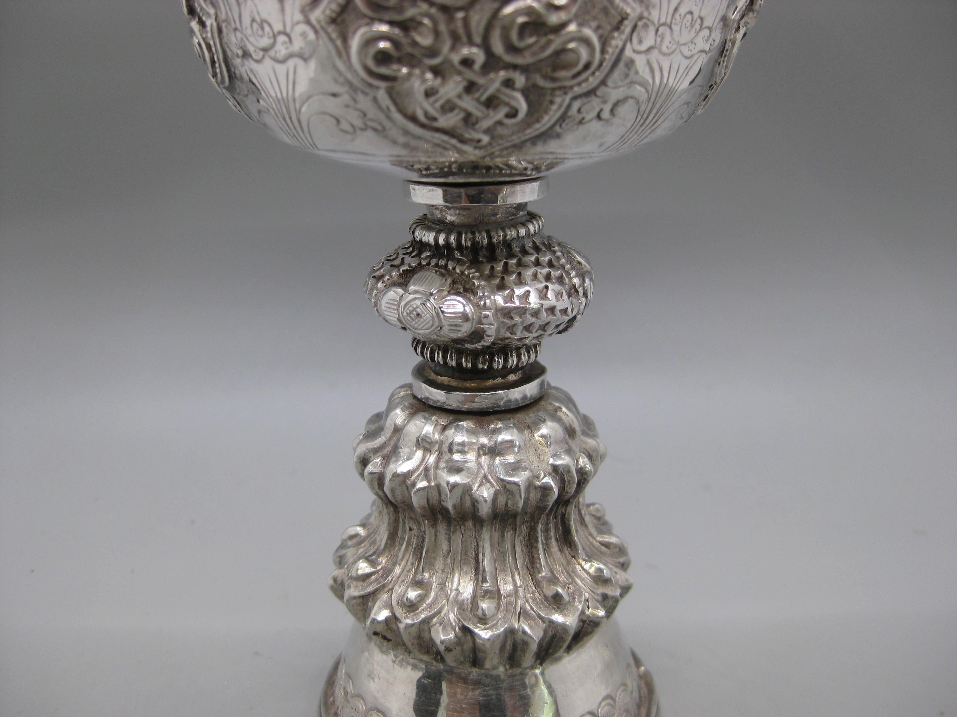 Hand-Crafted Fine Antique 19C Tibetan Sterling Silver Repousse Ritual Yak Butter Oil Lamp For Sale