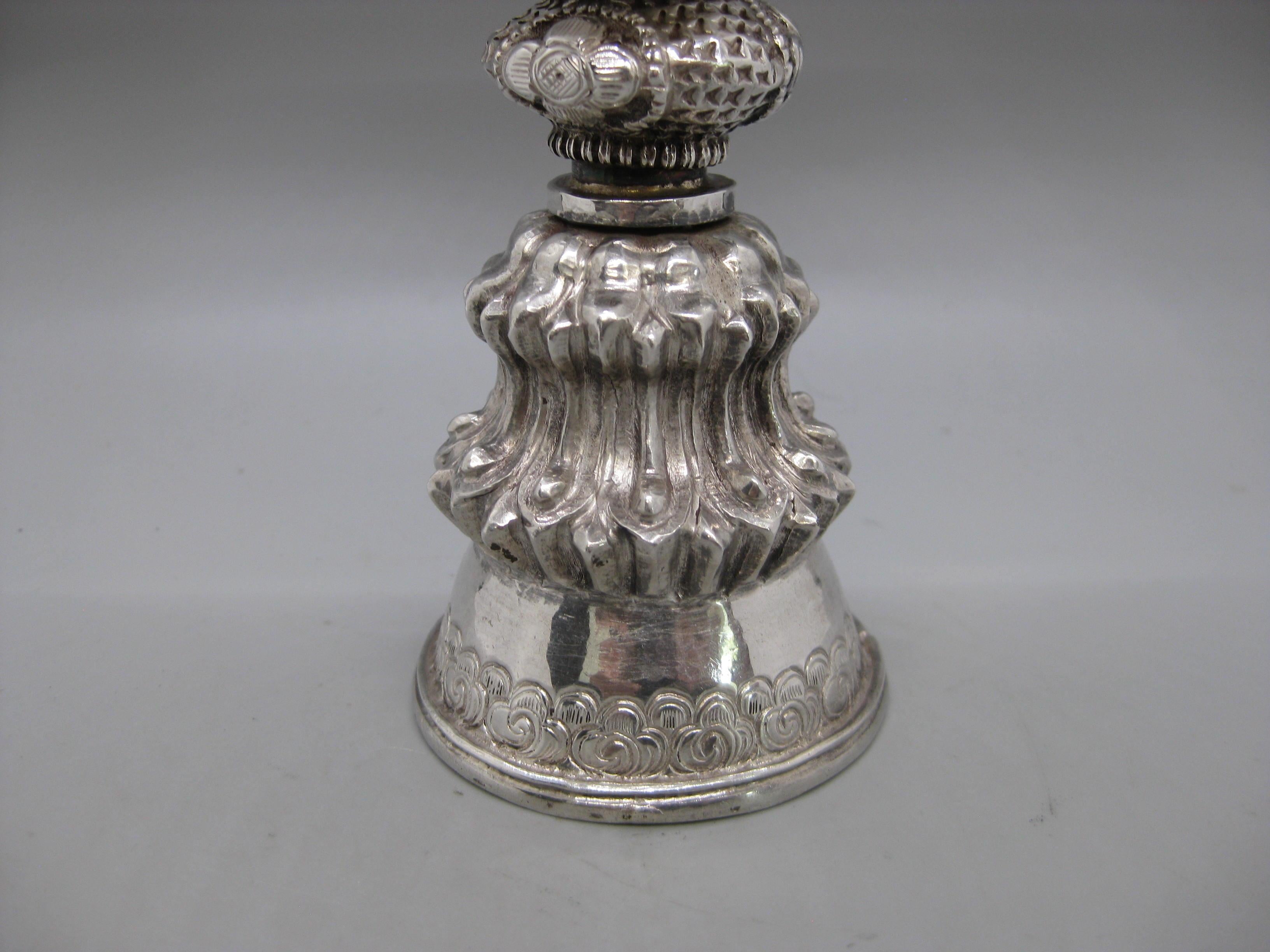 Fine Antique 19C Tibetan Sterling Silver Repousse Ritual Yak Butter Oil Lamp In Excellent Condition For Sale In San Diego, CA