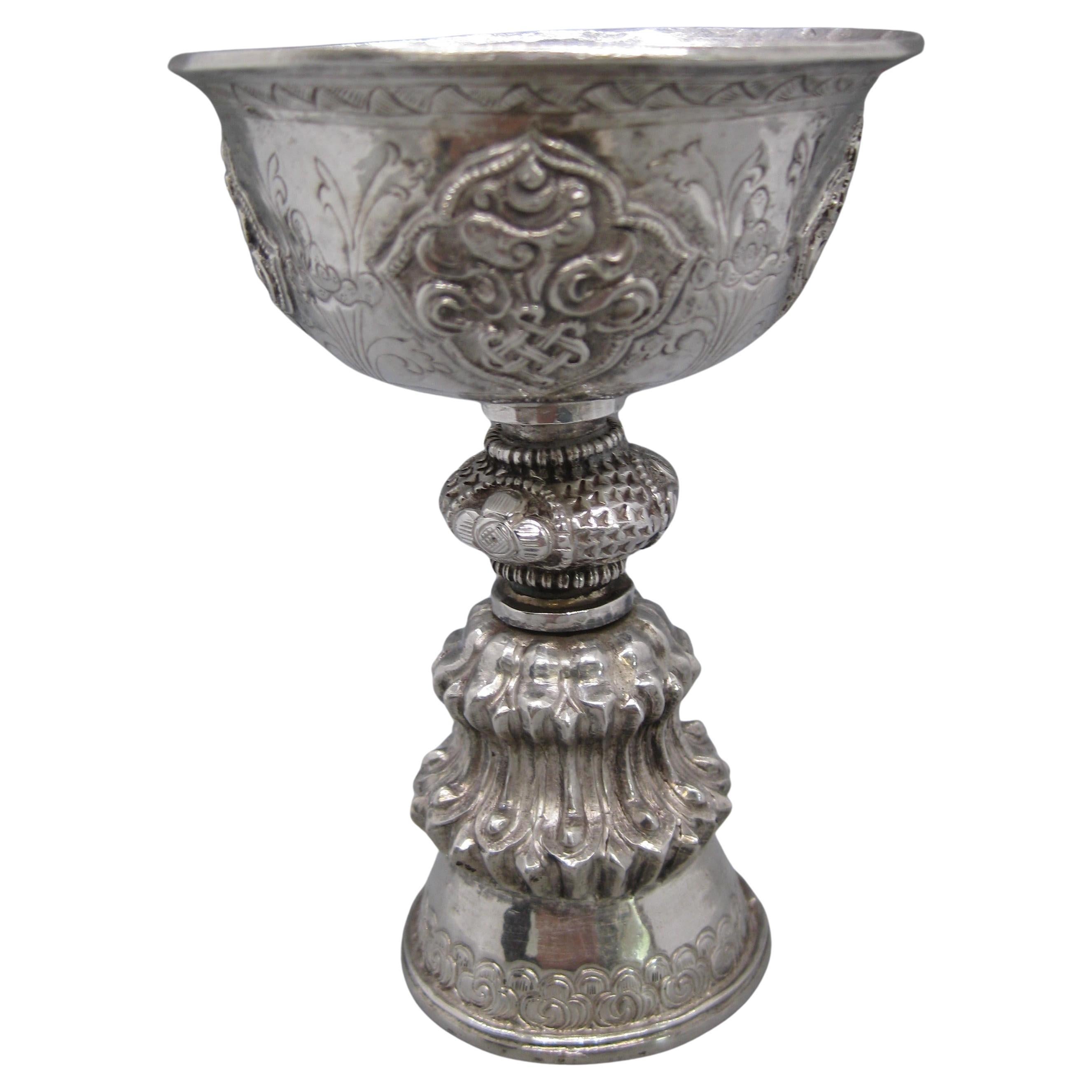 Fine Antique 19C Tibetan Sterling Silver Repousse Ritual Yak Butter Oil Lamp For Sale