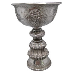Fine Antique 19C Tibetan Sterling Silver Repousse Ritual Yak Butter Oil Lamp