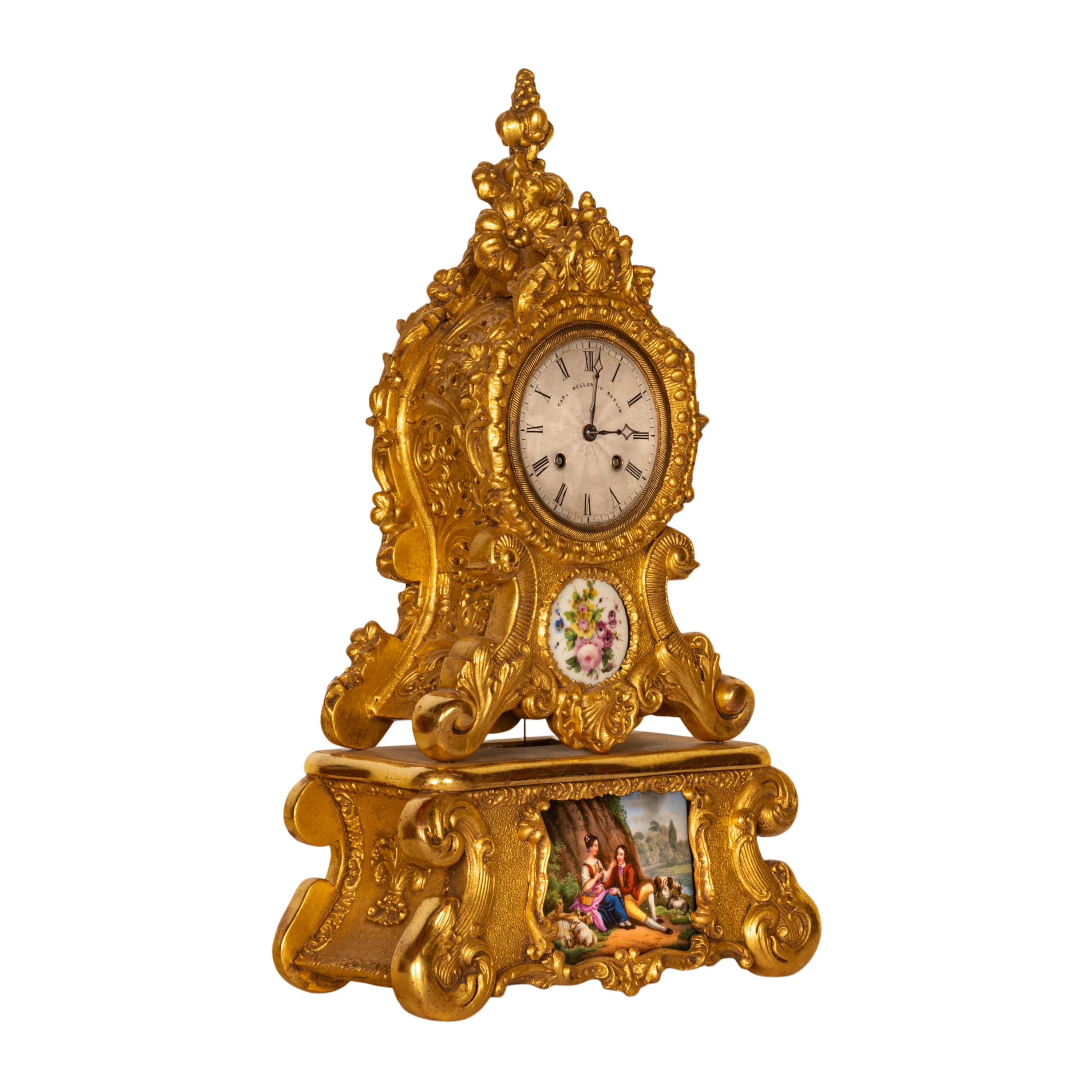 A fine antique French eight day mantle clock, gilded and fitted with Sevres porcelain plaques, circa 1830.
An early French silk suspension clock, with an eight day time and strike movement, gently sounding the hours and half hour on a bell. The
