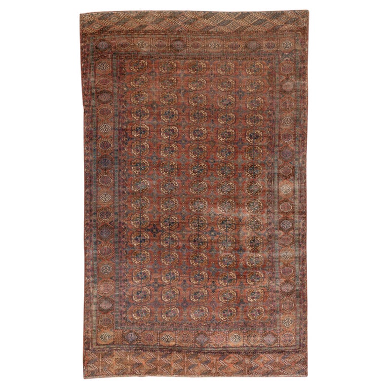 Fine Antique Afghan Bokara Rug, Red and Rust Allover Field, Blue