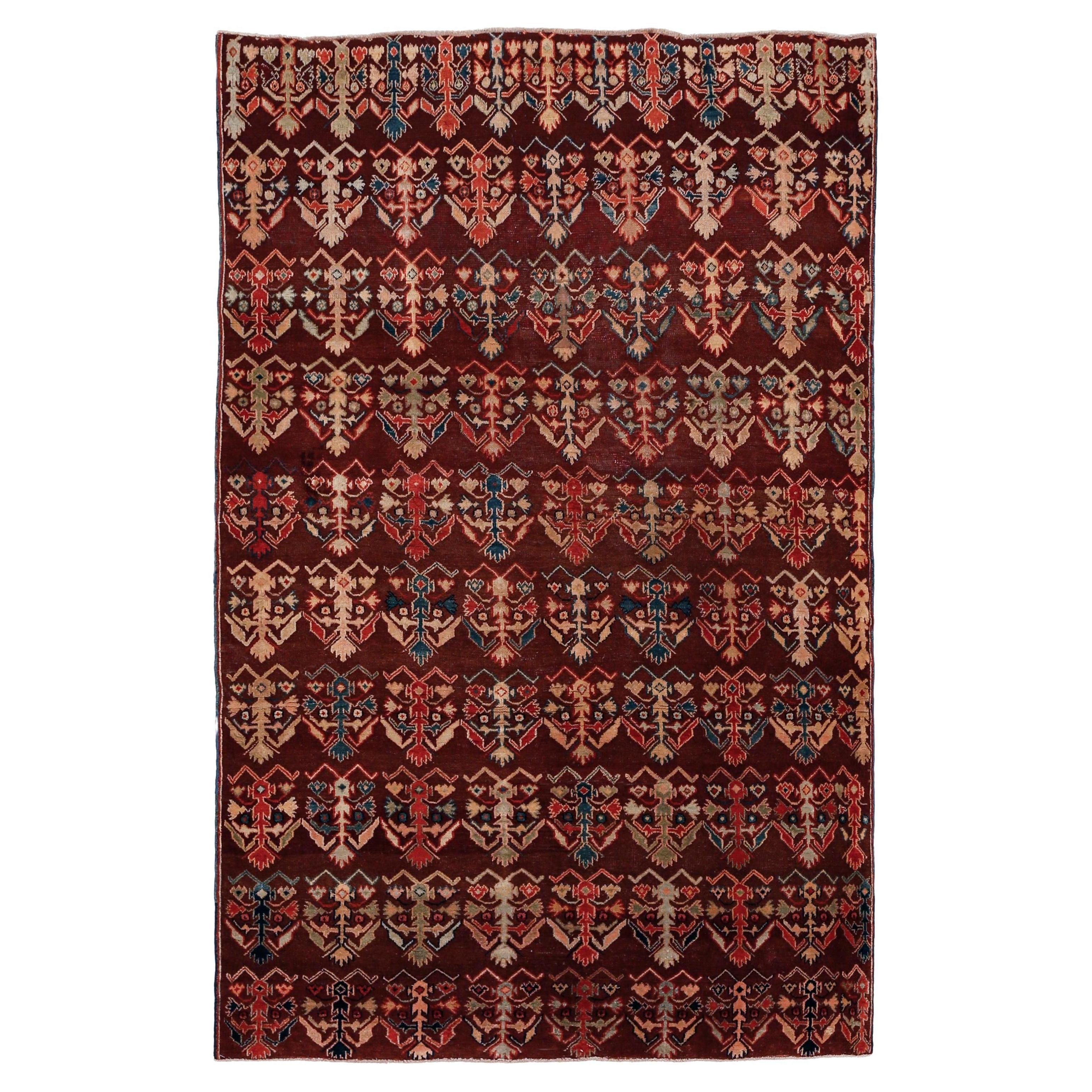 Fine Antique Agra Rug with All-Over Shrub Pattern on a Maroon Background
