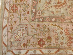 Fine Antique Allover Design Celadon Green Oushak Rug with Blush Pink Border