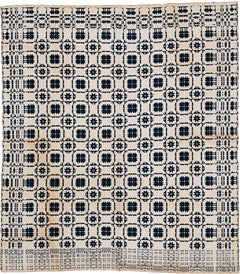 Fine Antique American Coverlet Rug with Geometric Pattern in Blue and Ivory