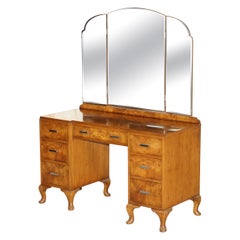 Raffinato tavolo da toeletta in radica di Waring & Gillow in stile Deco Mirror con specchi