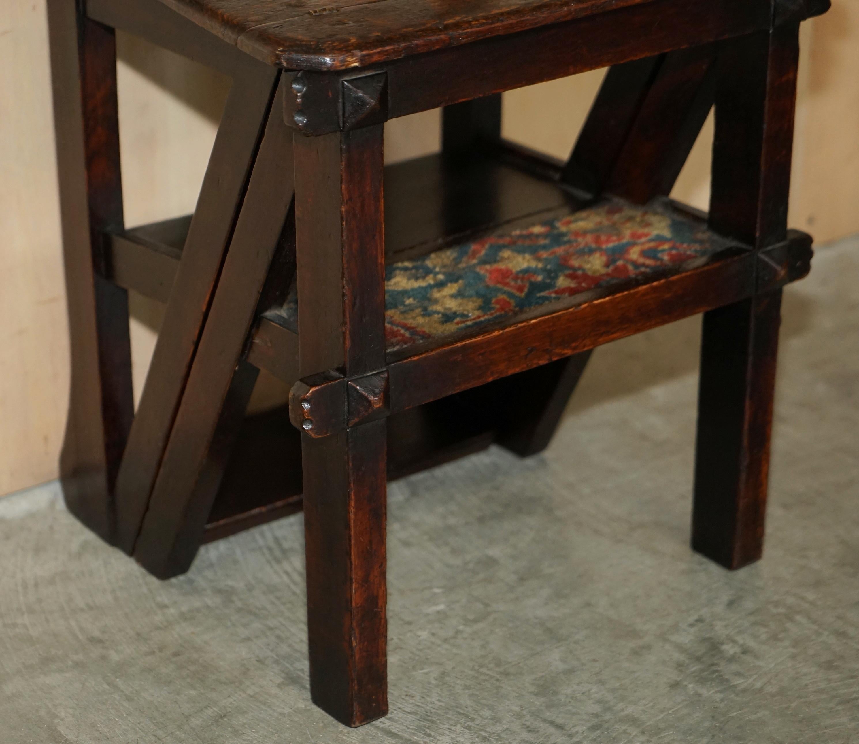 Hardwood Fine Antique Arts & Crafts Metamorphic Library Steps Original Carpet Upholstery For Sale