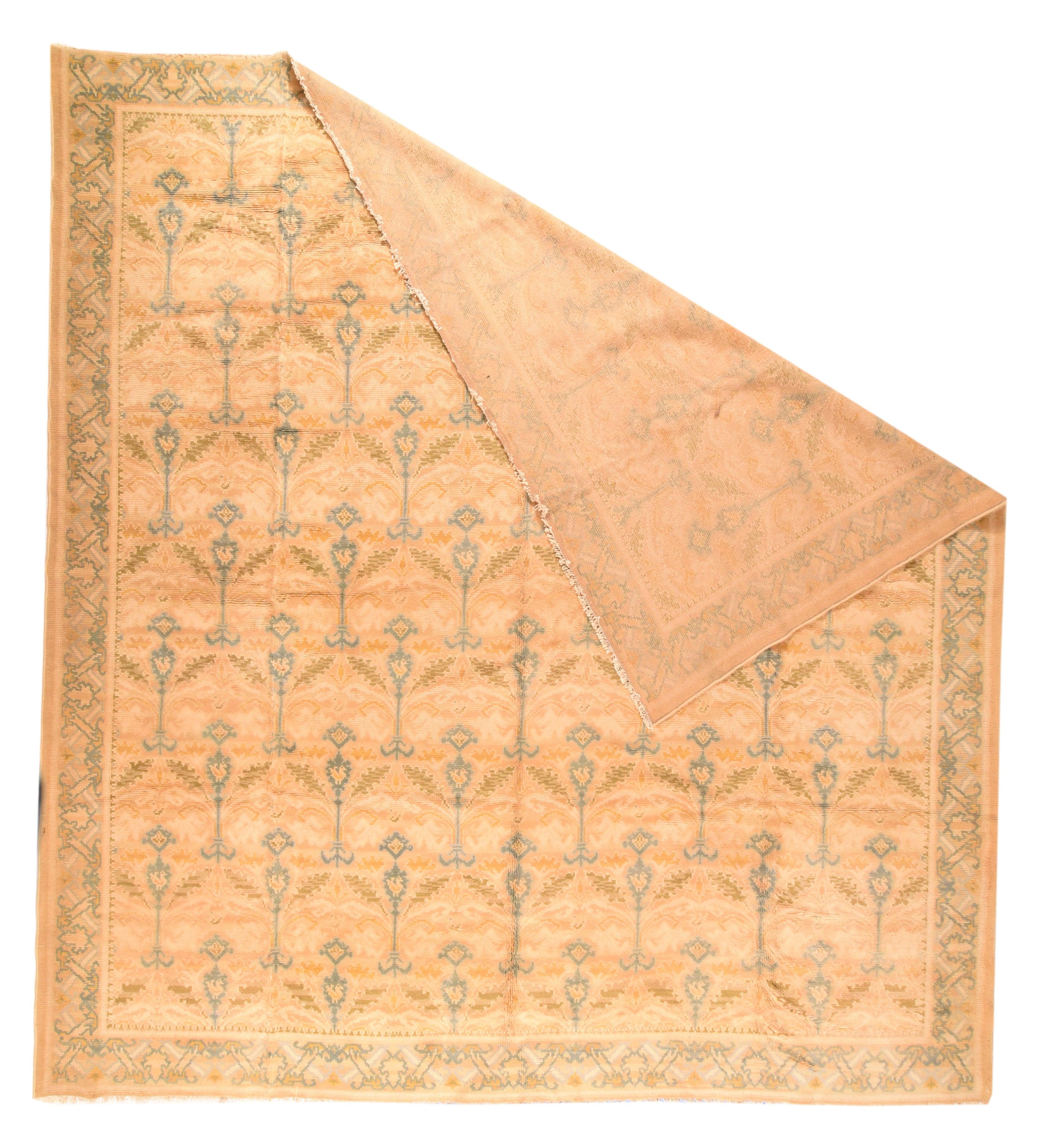 Fine Antique Austrian Savonnerie Rug 13'11'' x 14'3''. This Spanish-design, high pile square carpet shows a straw field with eight complete offset rows of upright flowers with ragged leaves, all accented in rust, green and goldenrod, forming a loose