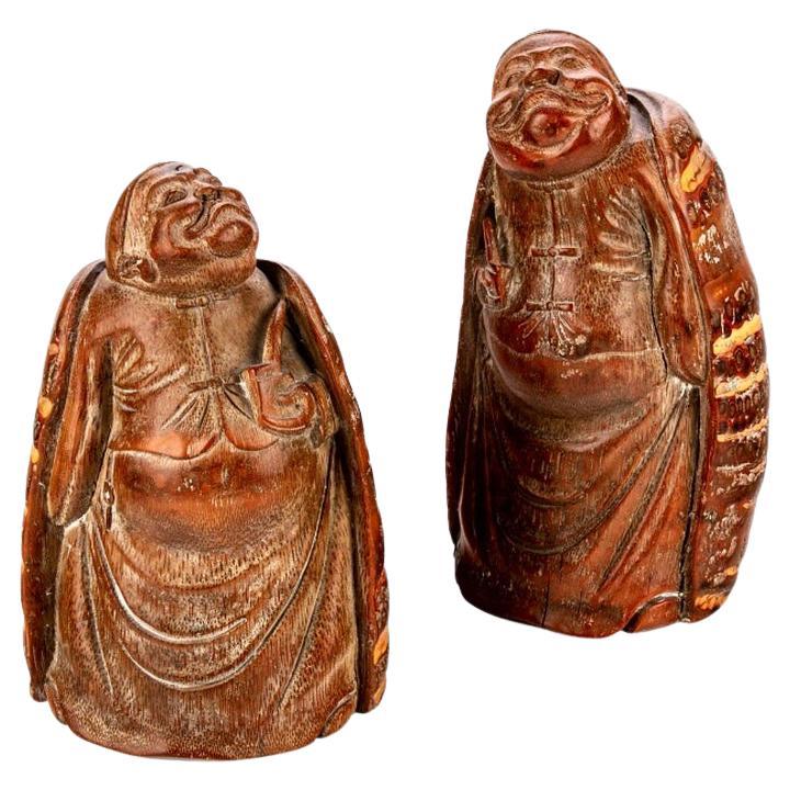 Fine Antique Bamboo Root Carvings of Robed Gentlemen, a Pair For Sale