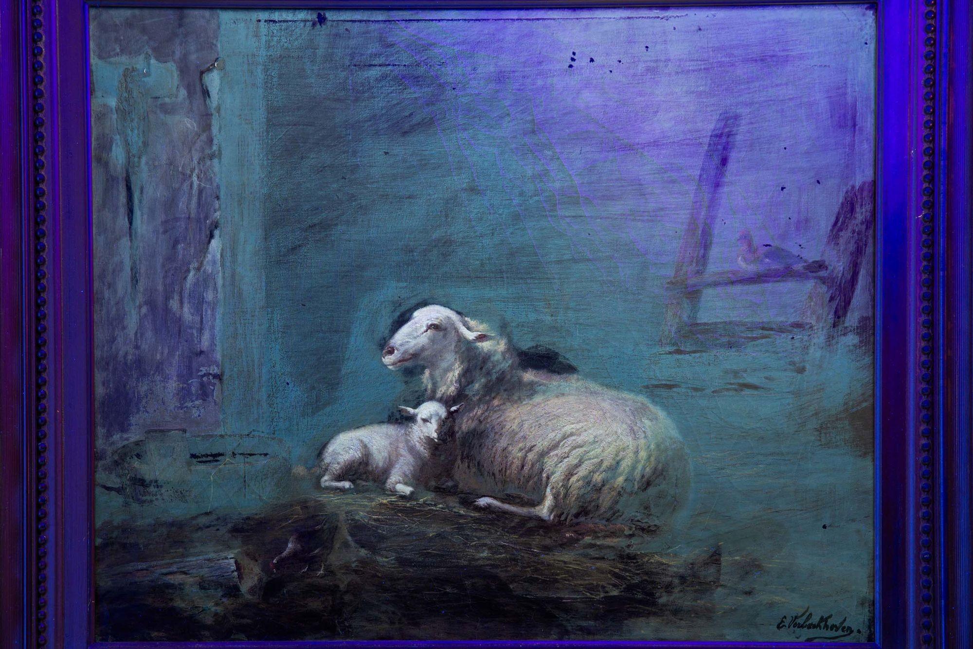 Fine Antique Barn Painting of Sheep and Chickens by Eugene Verboeckhoven For Sale 6