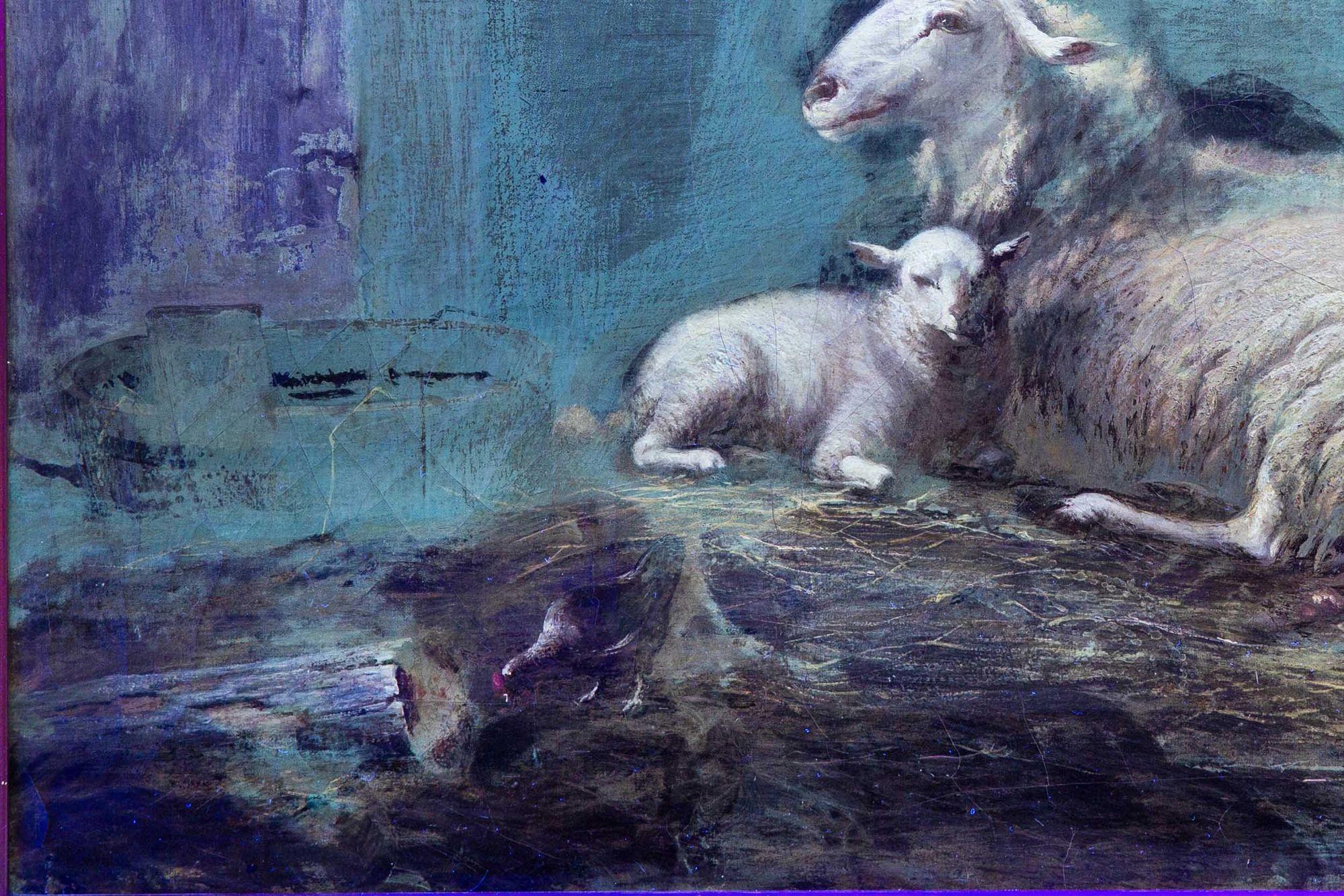 Fine Antique Barn Painting of Sheep and Chickens by Eugene Verboeckhoven For Sale 9
