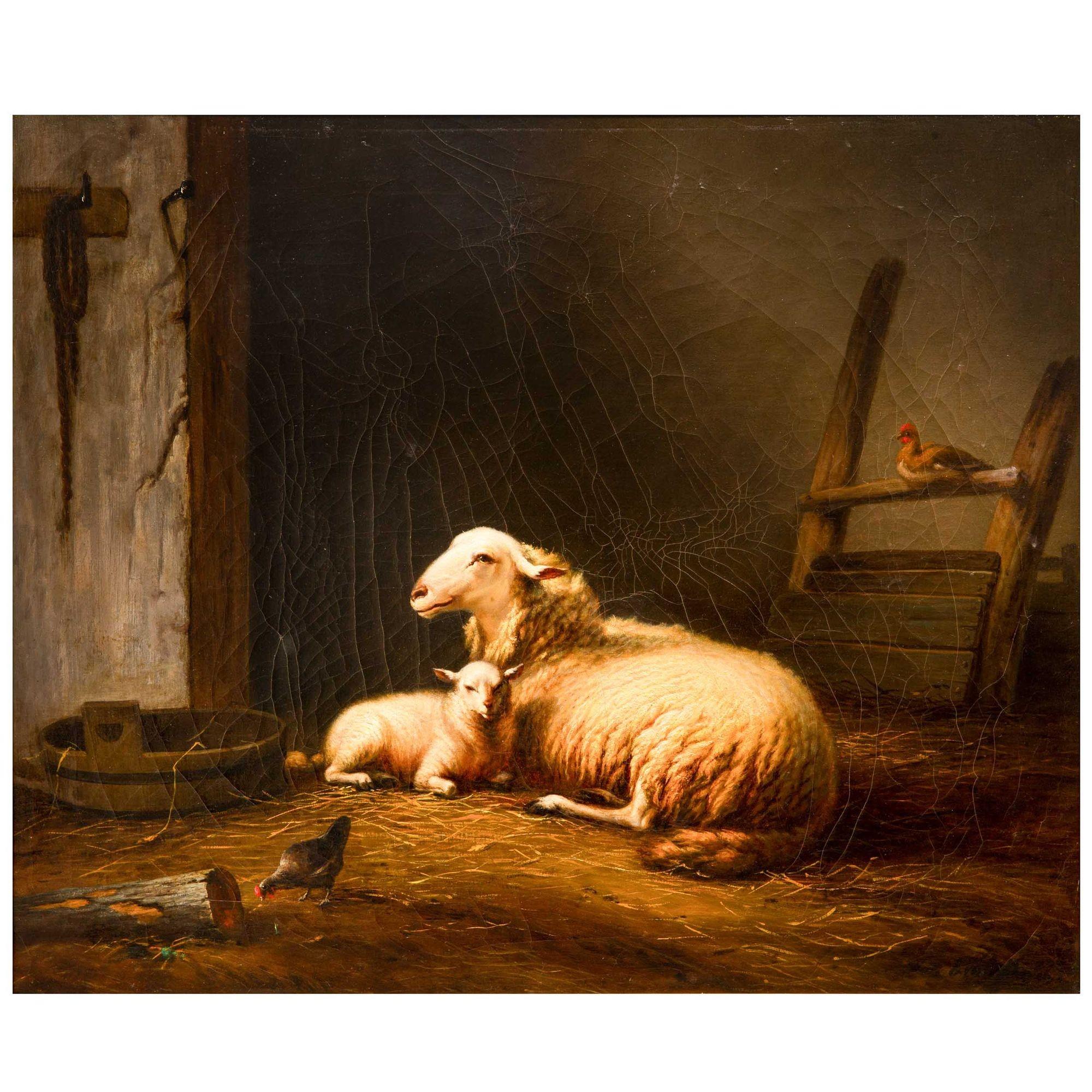 EUGENE VERBOECKHOVEN
Belgian, 1798-1881

Barn Interior with Sheep and Chickens (1873)

Oil on canvas  reverse of canvas signed and dated  signed lower right 
