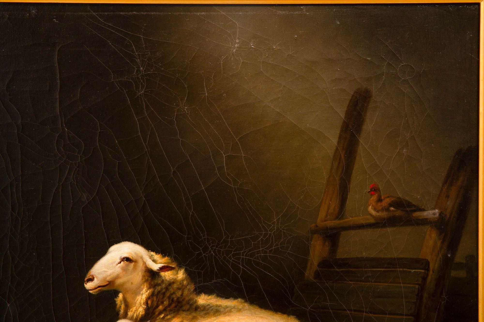 Belgian Fine Antique Barn Painting of Sheep and Chickens by Eugene Verboeckhoven For Sale