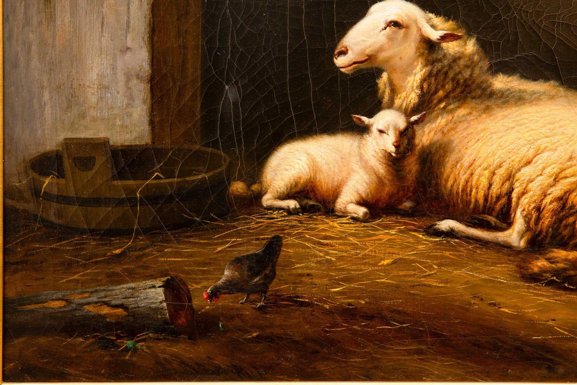 Carved Fine Antique Barn Painting of Sheep and Chickens by Eugene Verboeckhoven For Sale