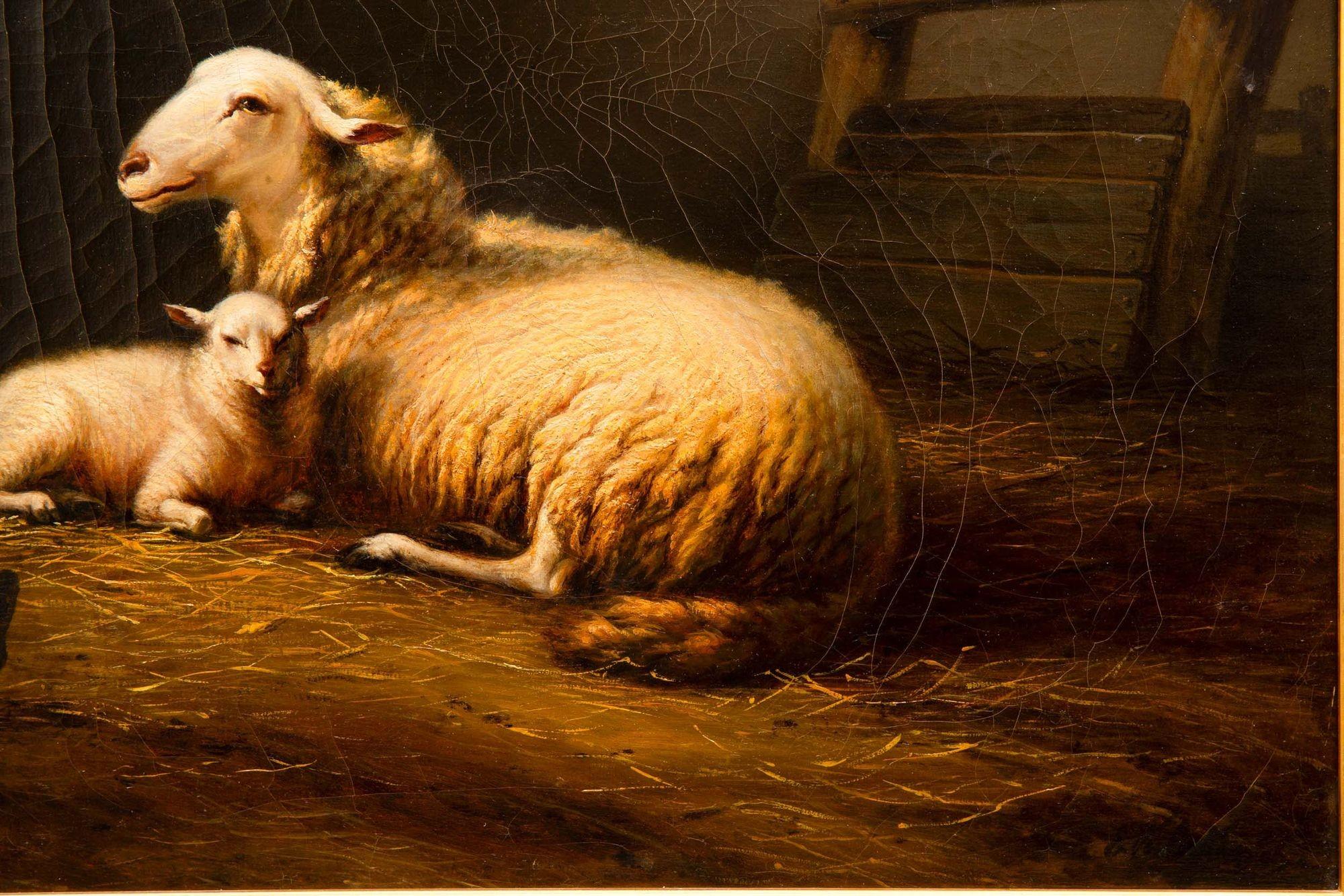 Fine Antique Barn Painting of Sheep and Chickens by Eugene Verboeckhoven In Good Condition For Sale In Shippensburg, PA