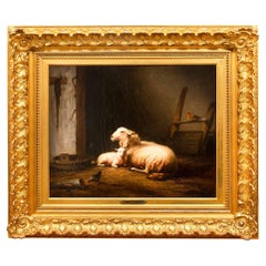 Cuadro antiguo de ovejas y gallinas de Eugene Verboeckhoven