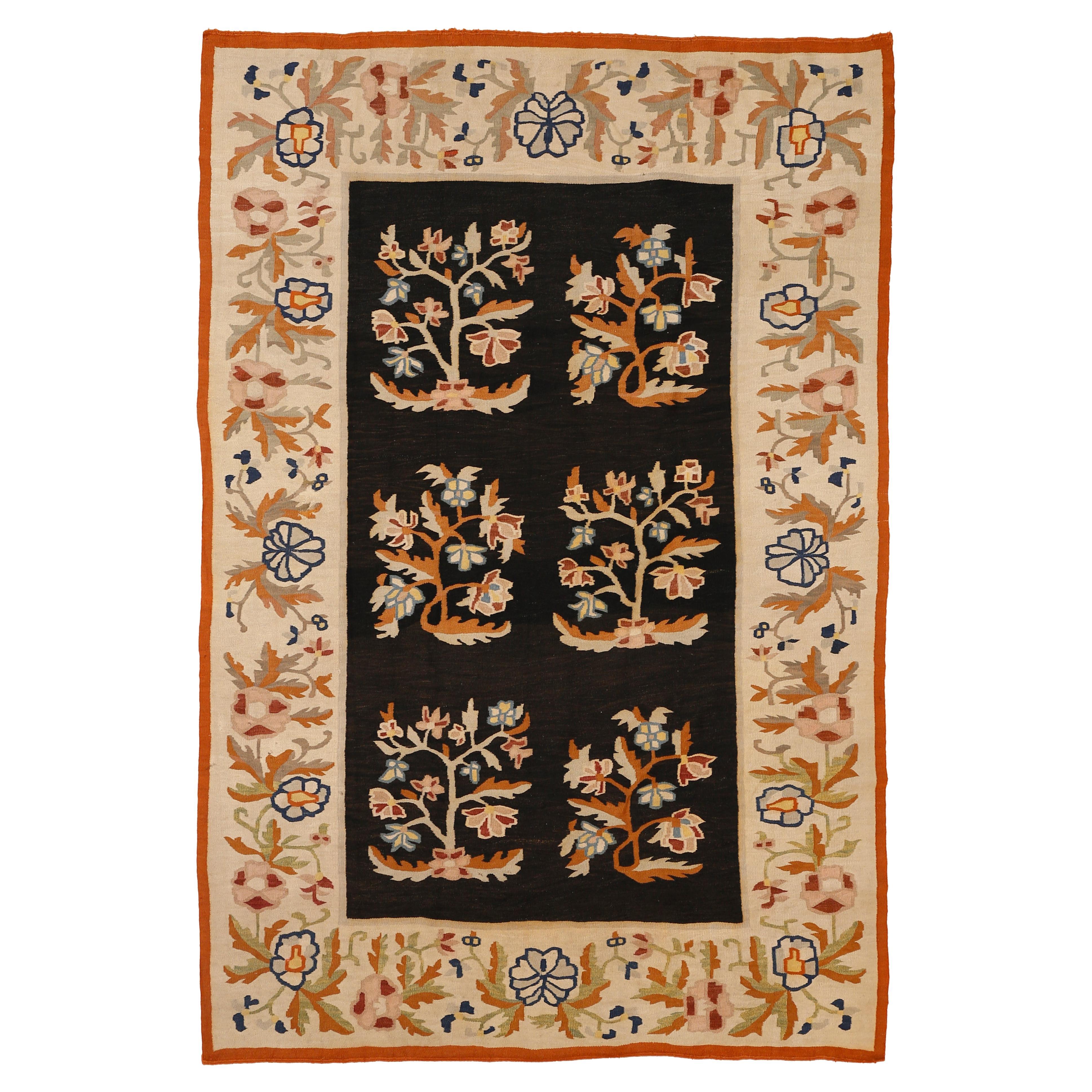 Fine Antique Black Background Bessarabian Ukranian Kilim Rug