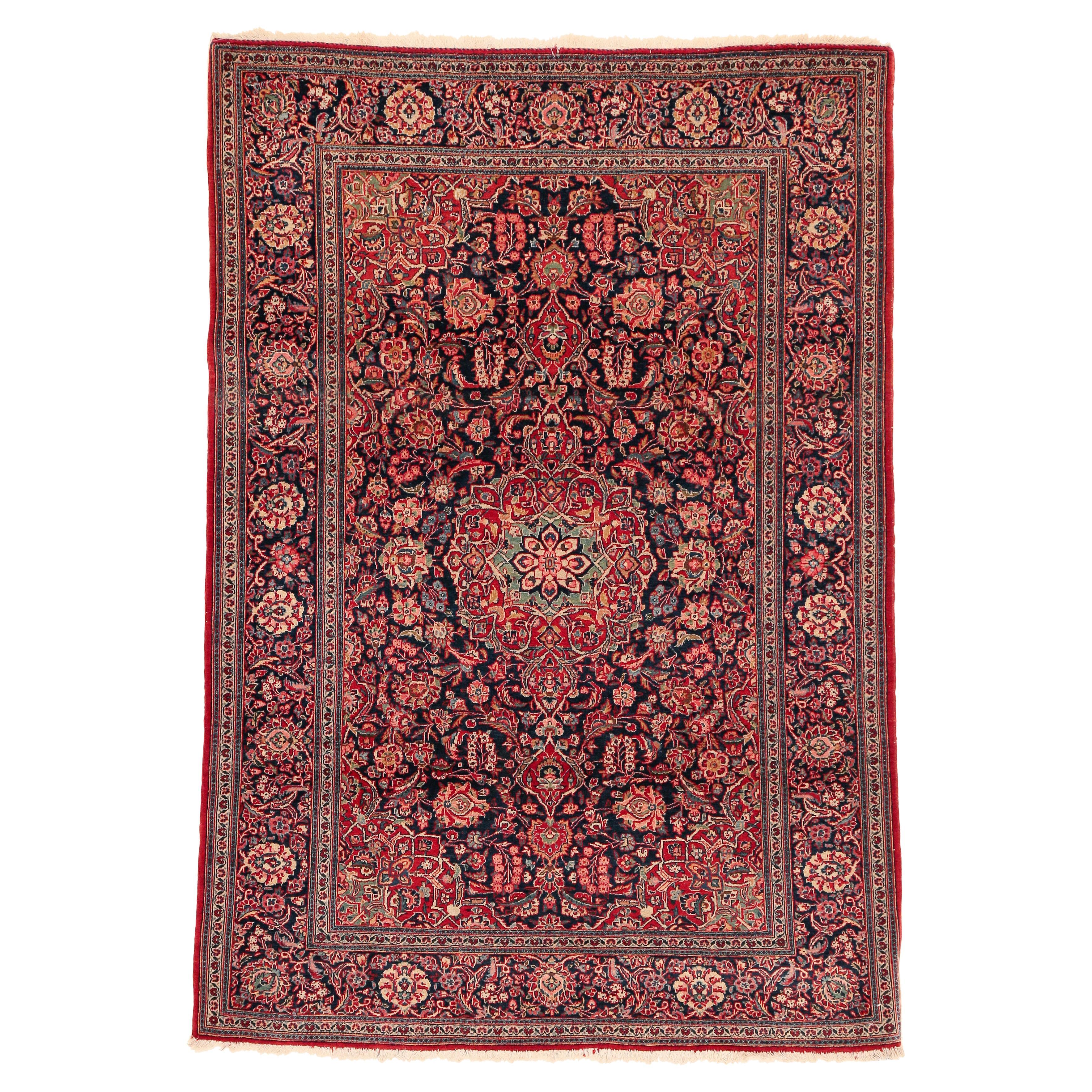 Fine Antique Blue Ground Kashan Rug For Sale