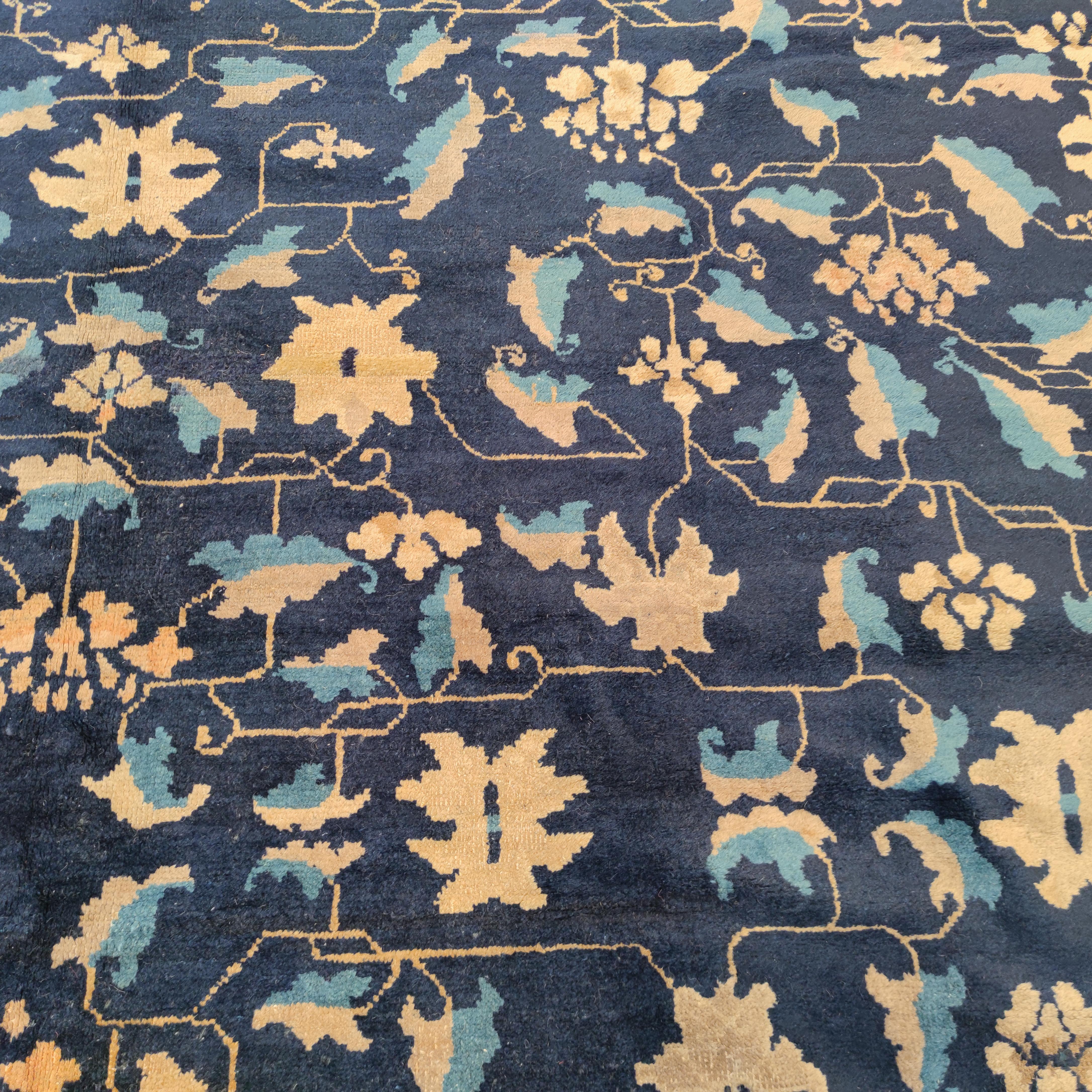 Hand-Knotted Fine Antique Blue Peking Chinese Rug with Scrolling Lotus Flowers For Sale