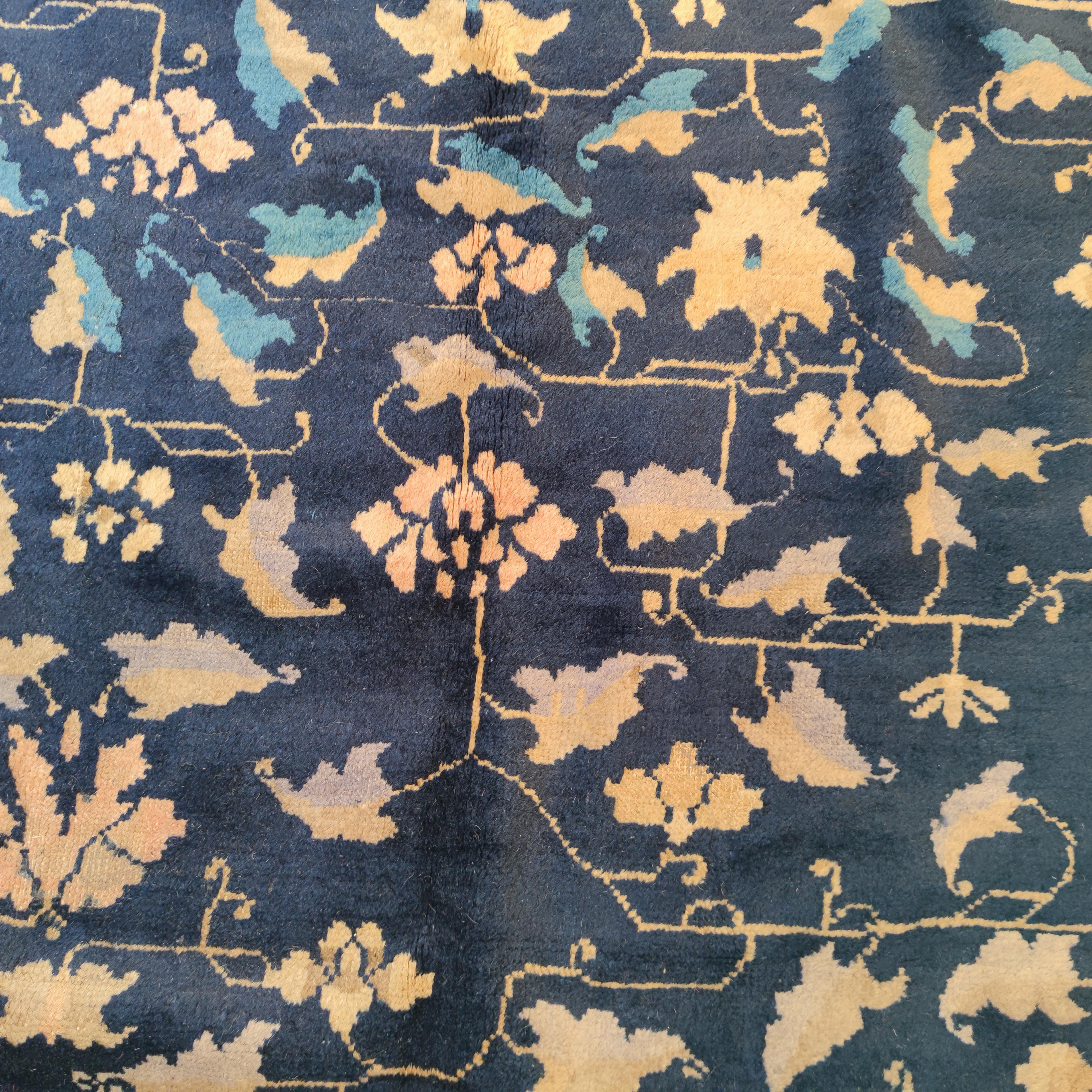 Late 19th Century Fine Antique Blue Peking Chinese Rug with Scrolling Lotus Flowers For Sale