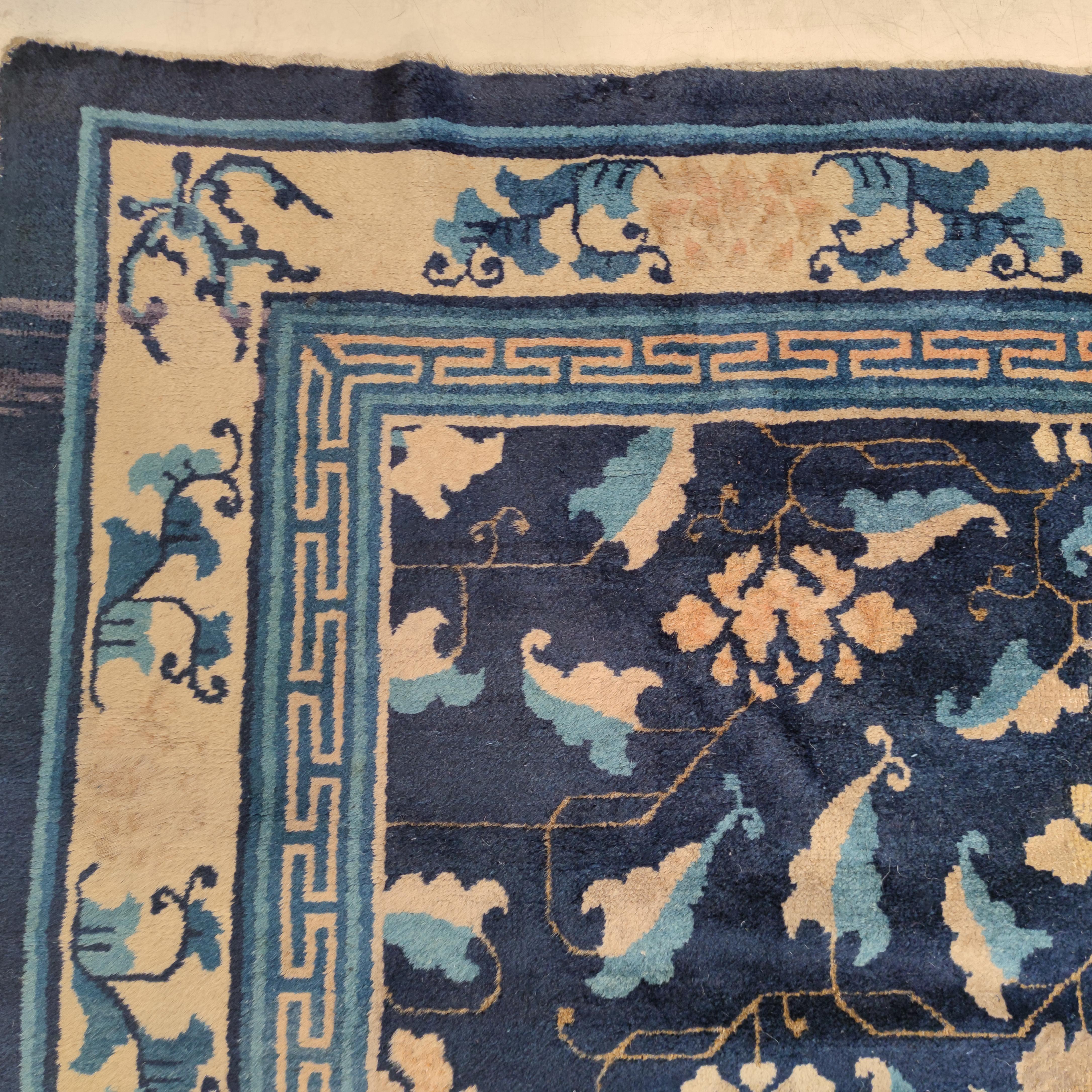 Fine Antique Blue Peking Chinese Rug with Scrolling Lotus Flowers For Sale 1