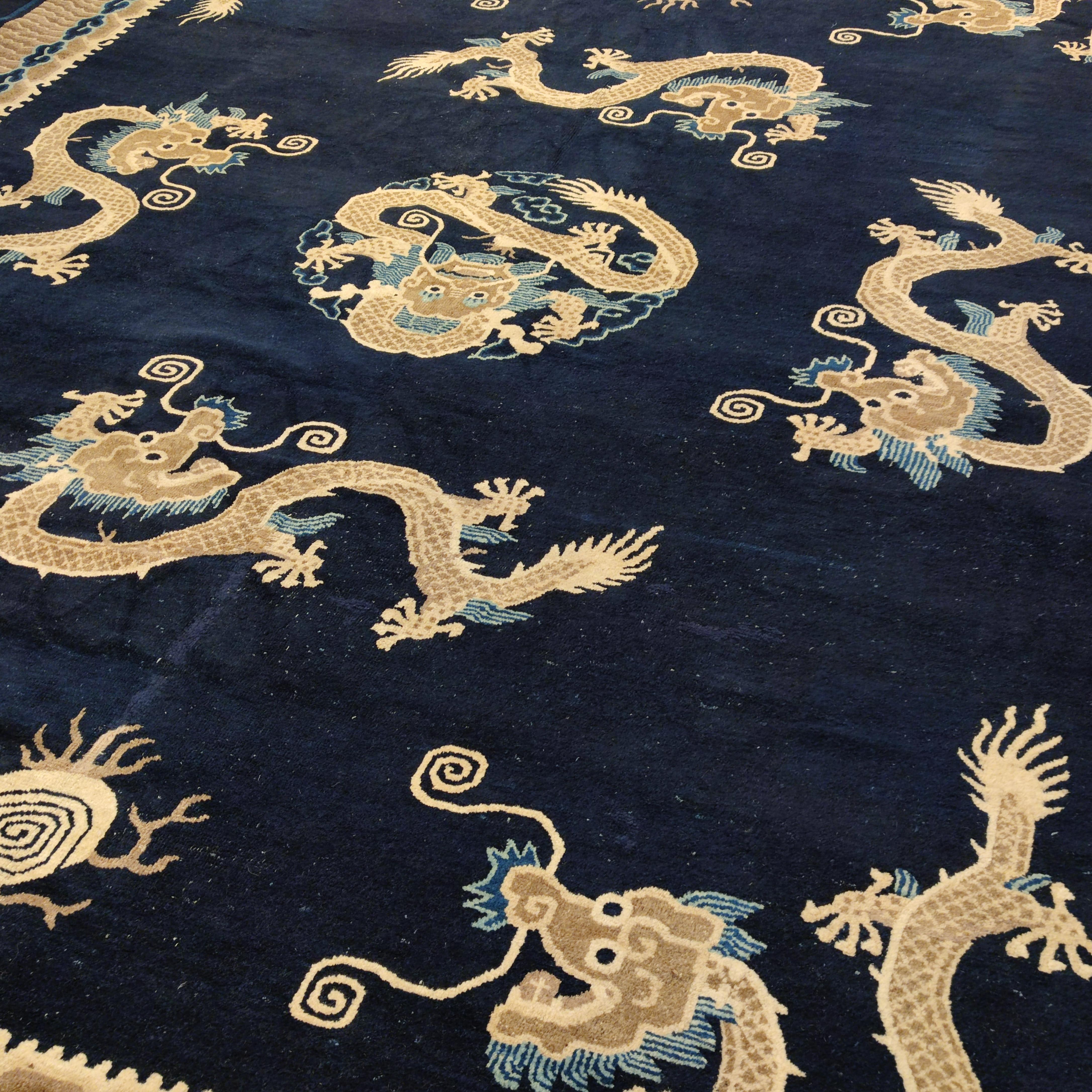 Wool Fine Antique Blue Peking Imperial Dragon Carpet, Circa 1880 For Sale