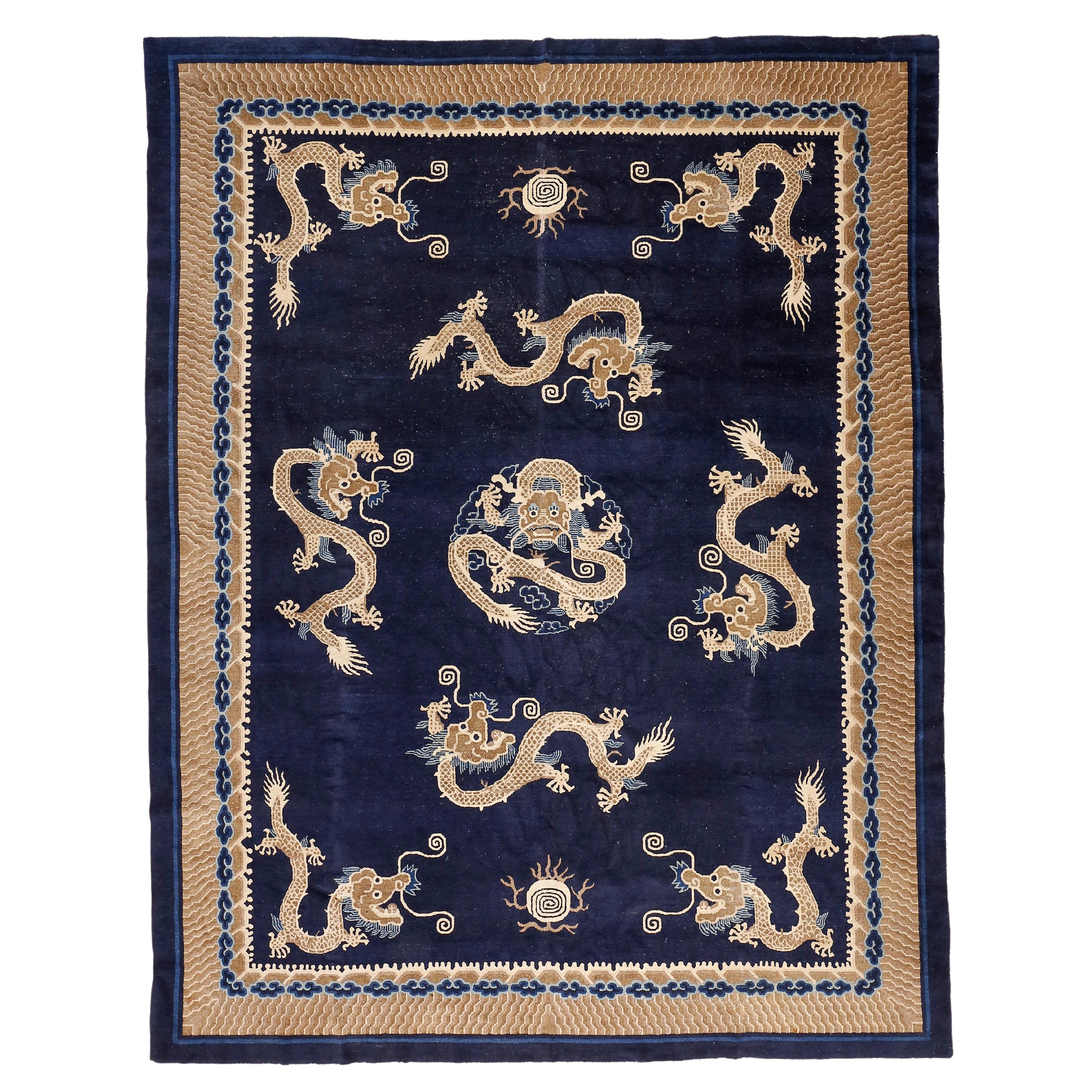 Fine Antique Blue Peking Imperial Dragon Carpet, Circa 1880 For Sale