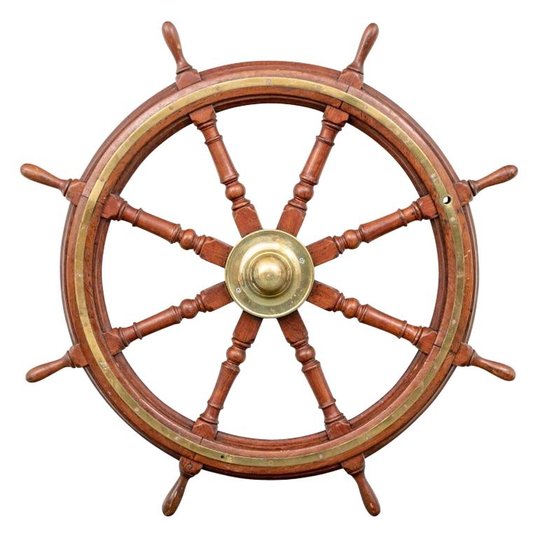 Fine Antique Brass Clad Mahogany Ship’s Wheel For Sale