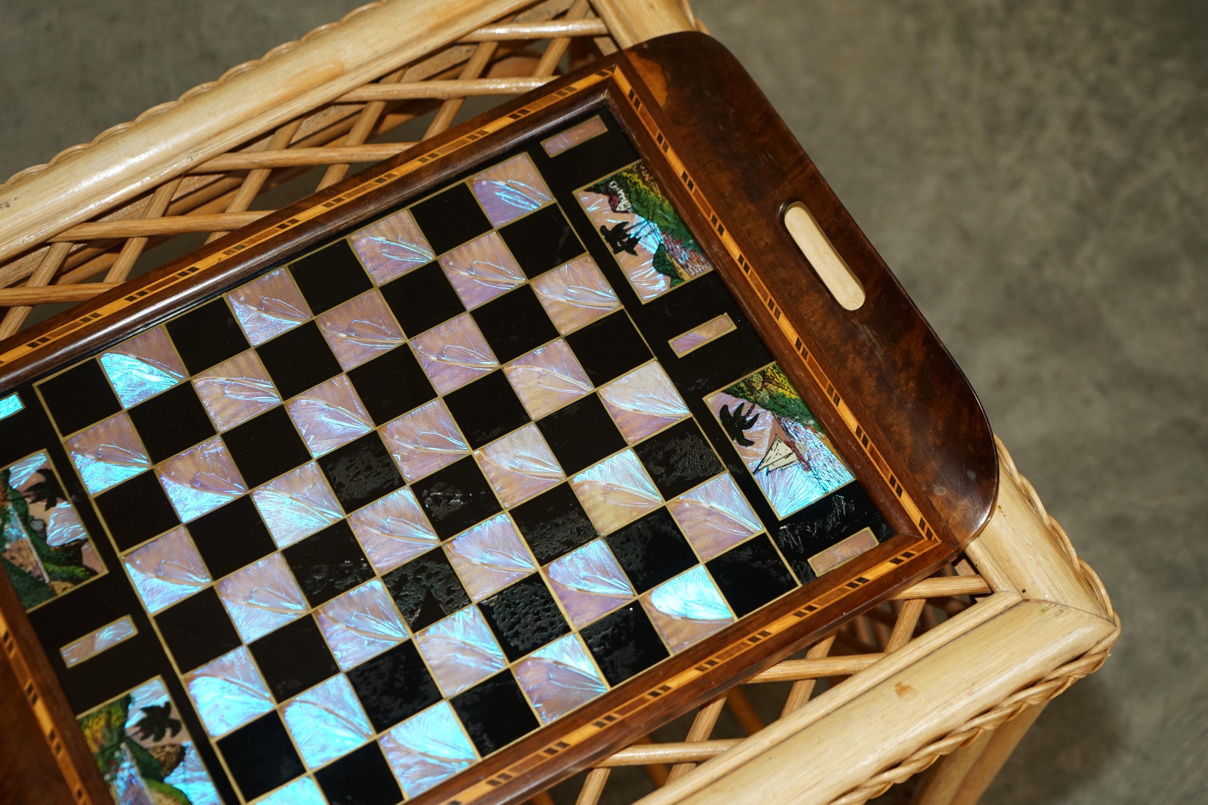 Hand-Crafted Fine Antique Brazillian Hardwood with Mother of Pearl Inlay Chess Board Tray