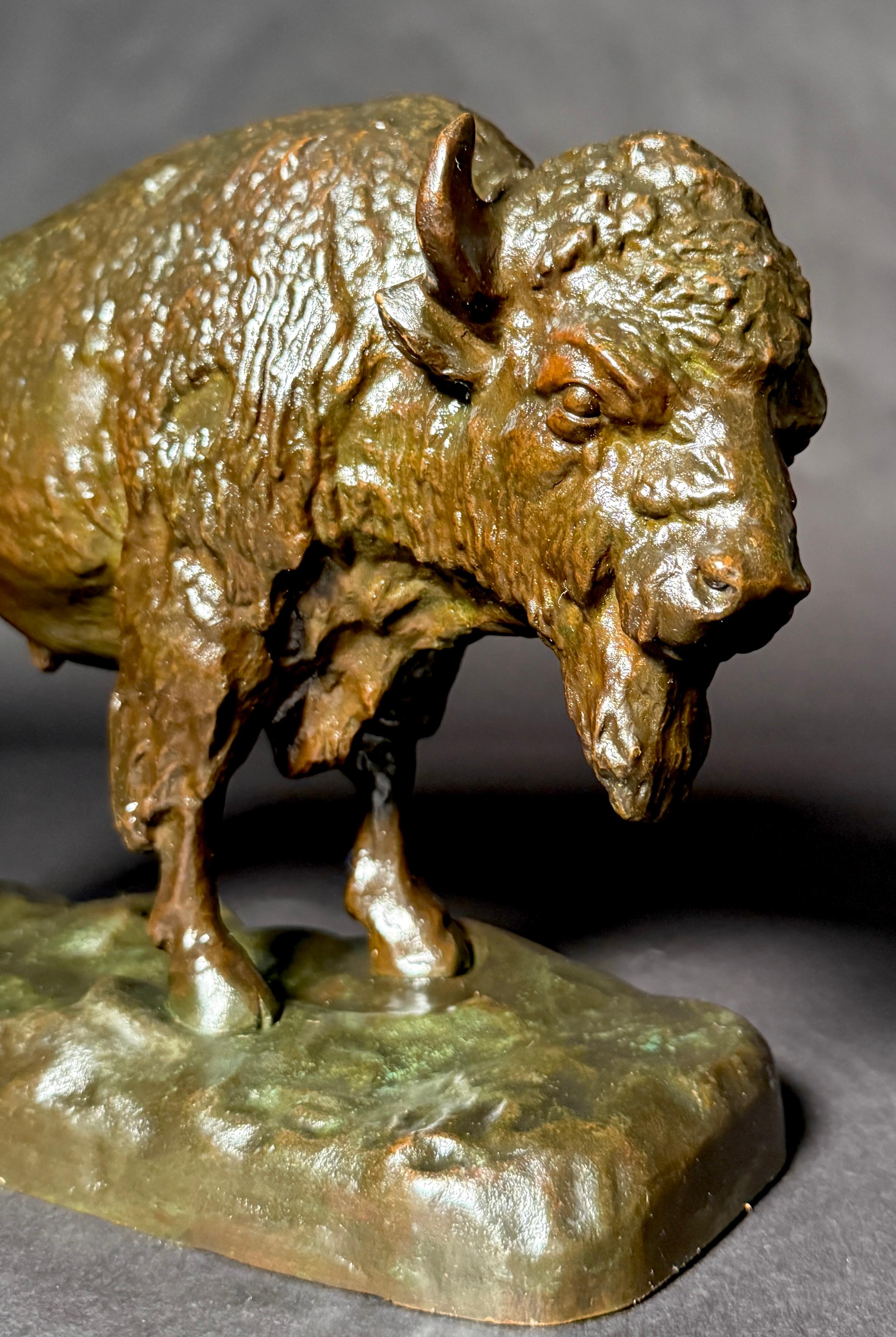 20ième siècle Statue de bison en bronze antique - début 1900 Art de la faune et de la flore du bison américain en vente