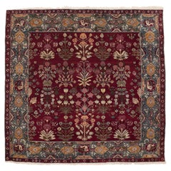 Fine Antique Burgundy Square Agra Rug with Mughal Shrub Pattern