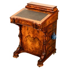 Fine Antique Burl Walnut Inlaid Marquetry Carved Davenport Secretary Desk 1860