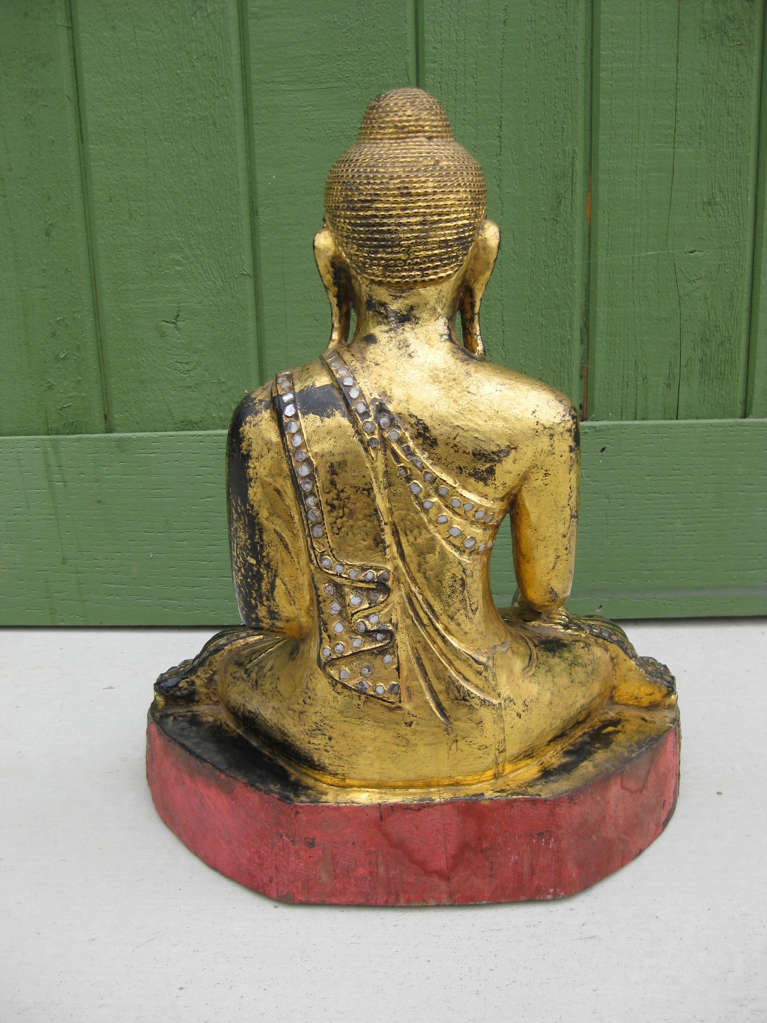 Fine Antique Burma BurmeseTemple Mandalay Buddha Wood Wood Wood sculpté Gold Statue 16 1/2