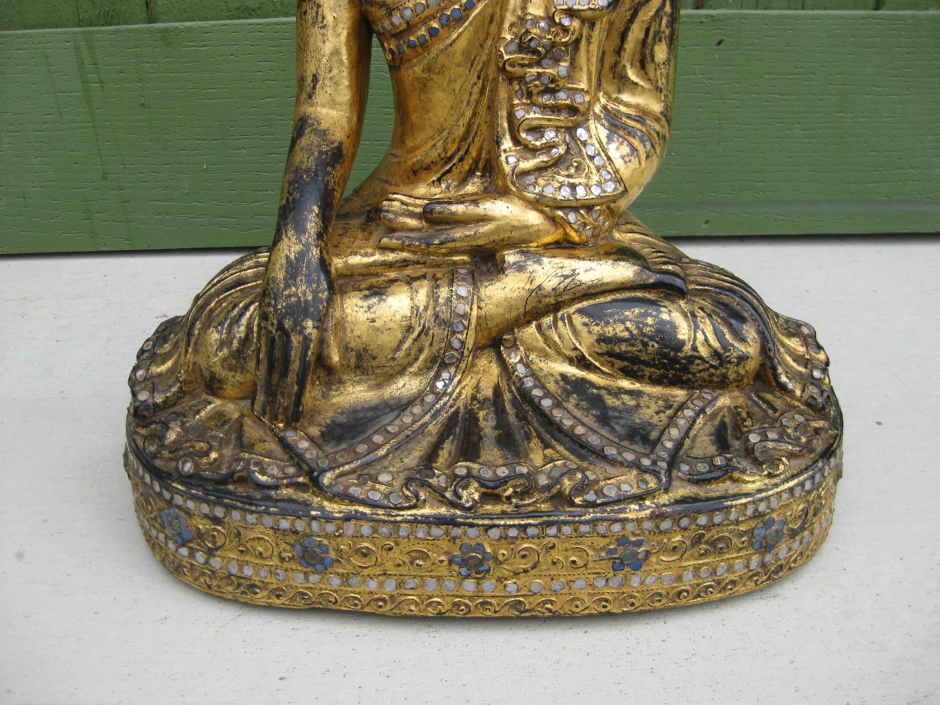 Sud-asiatique Fine Antique Burma BurmeseTemple Mandalay Buddha Wood Wood Wood sculpté Gold Statue 16 1/2