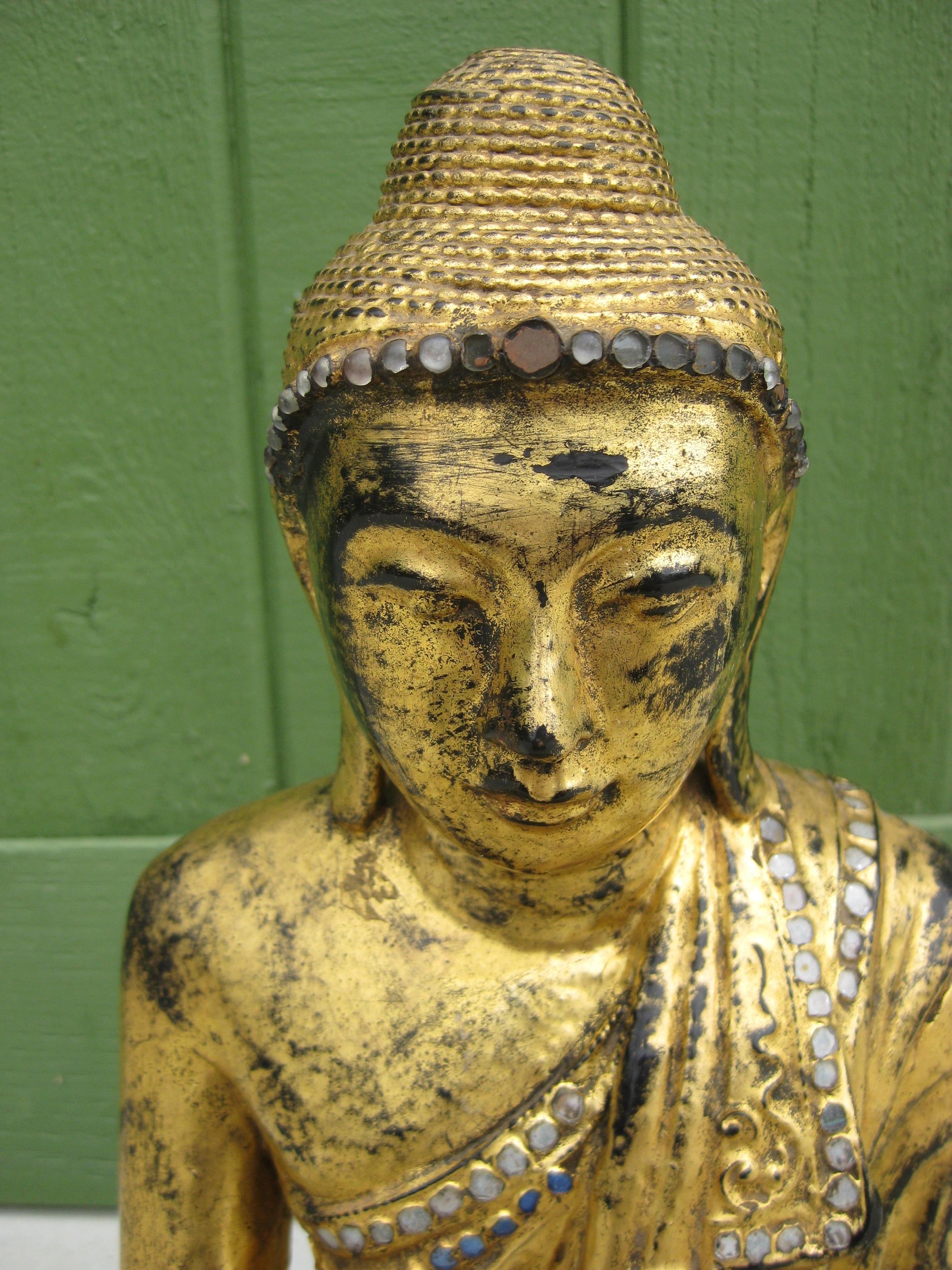 Fait main Fine Antique Burma BurmeseTemple Mandalay Buddha Wood Wood Wood sculpté Gold Statue 16 1/2