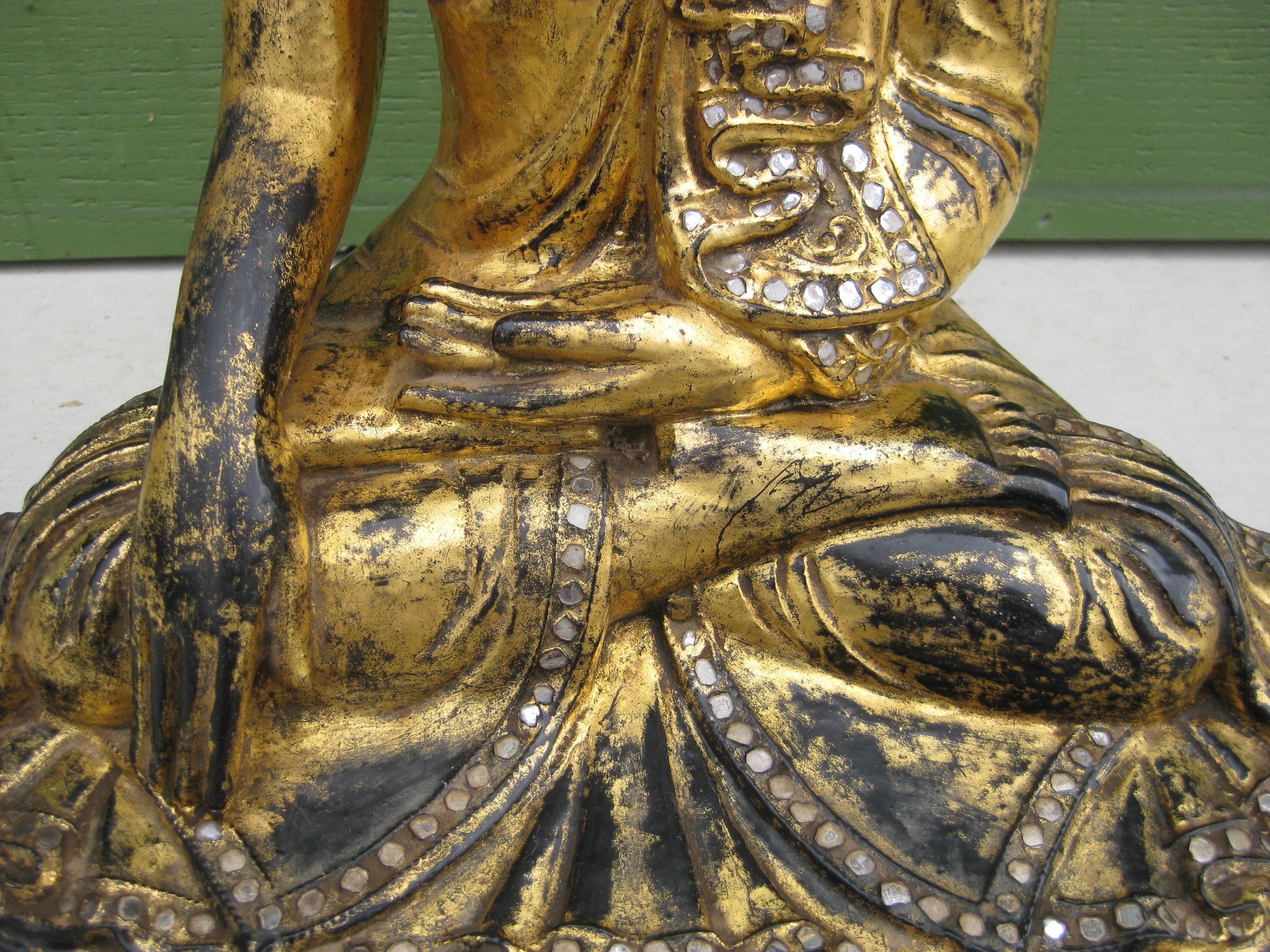 Feuille d'or Fine Antique Burma BurmeseTemple Mandalay Buddha Wood Wood Wood sculpté Gold Statue 16 1/2