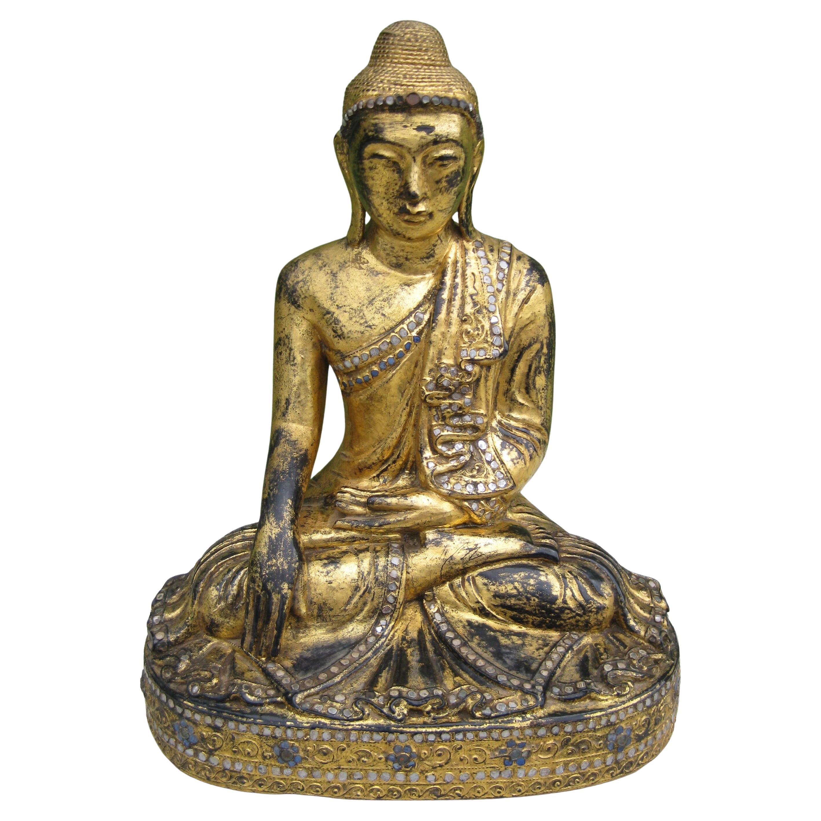 Fine Antique Burma BurmeseTemple Mandalay Buddha Wood Wood Wood sculpté Gold Statue 16 1/2" en vente