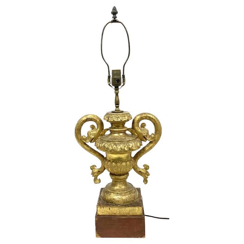 Fine Antique Carved And Git Wood Decorative Urn As A Table Lamp For Sale