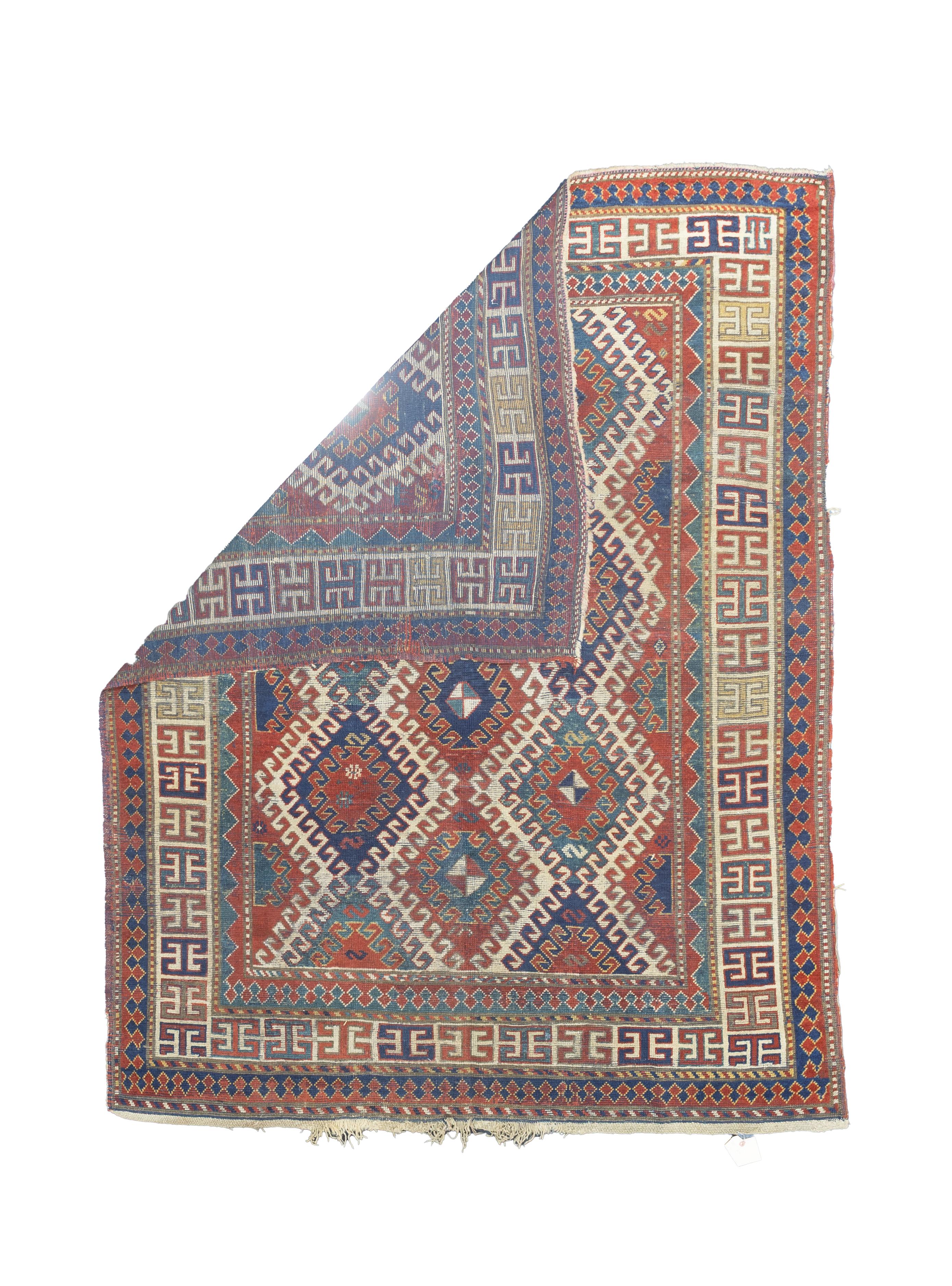 Fine Antique Caucasian Borchelou Kazak Rug 6’ x 7’7”. SW Caucasus/Armenia. Boldly patterned, strongly colored, totally geometric, all wool, coarse to moderate weave, medium to long pile, scatter format pieces, in medallion, allover and prayer