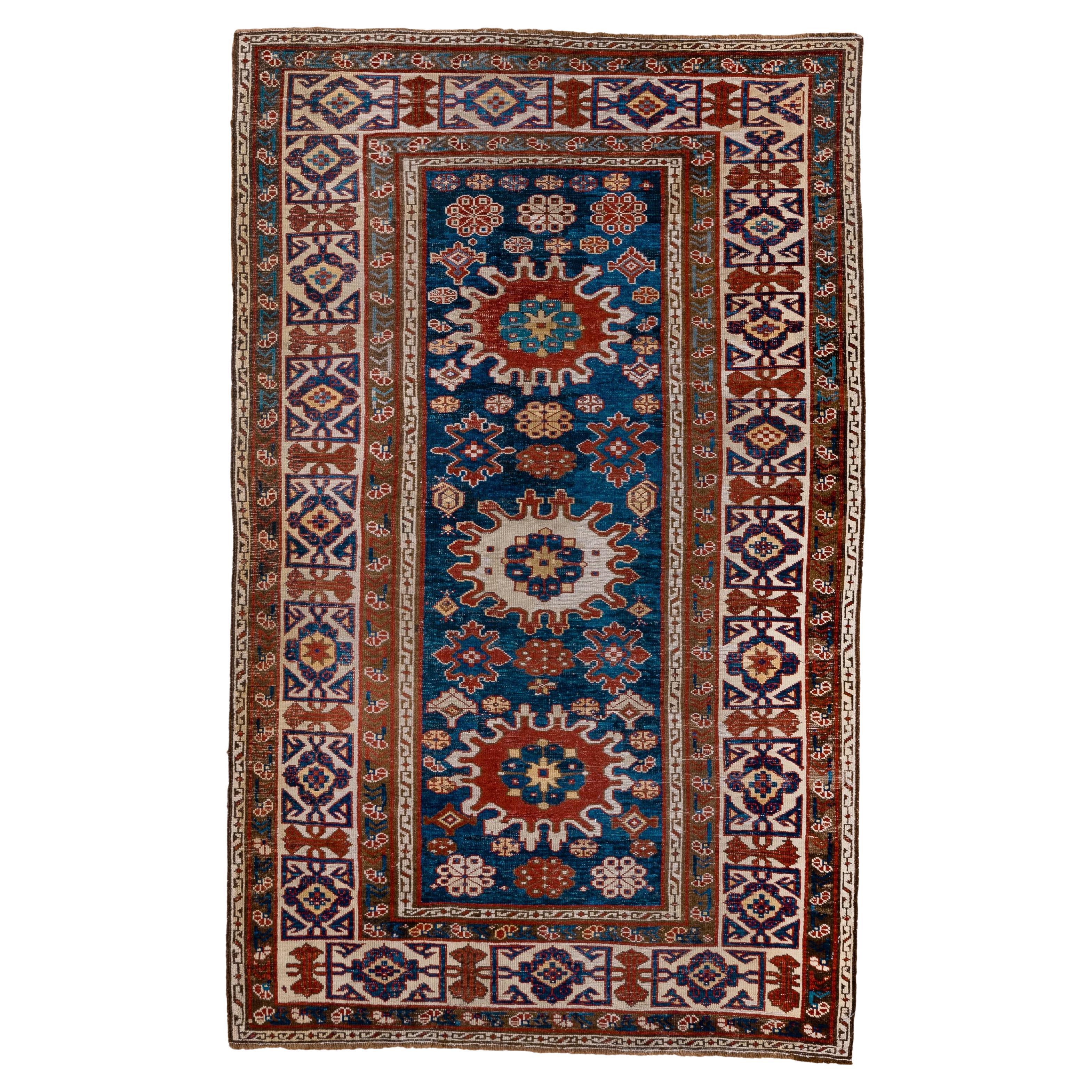 Antiker kaukasischer Schirwan-Teppich, königsblau mit roten Bordüren, um 1910