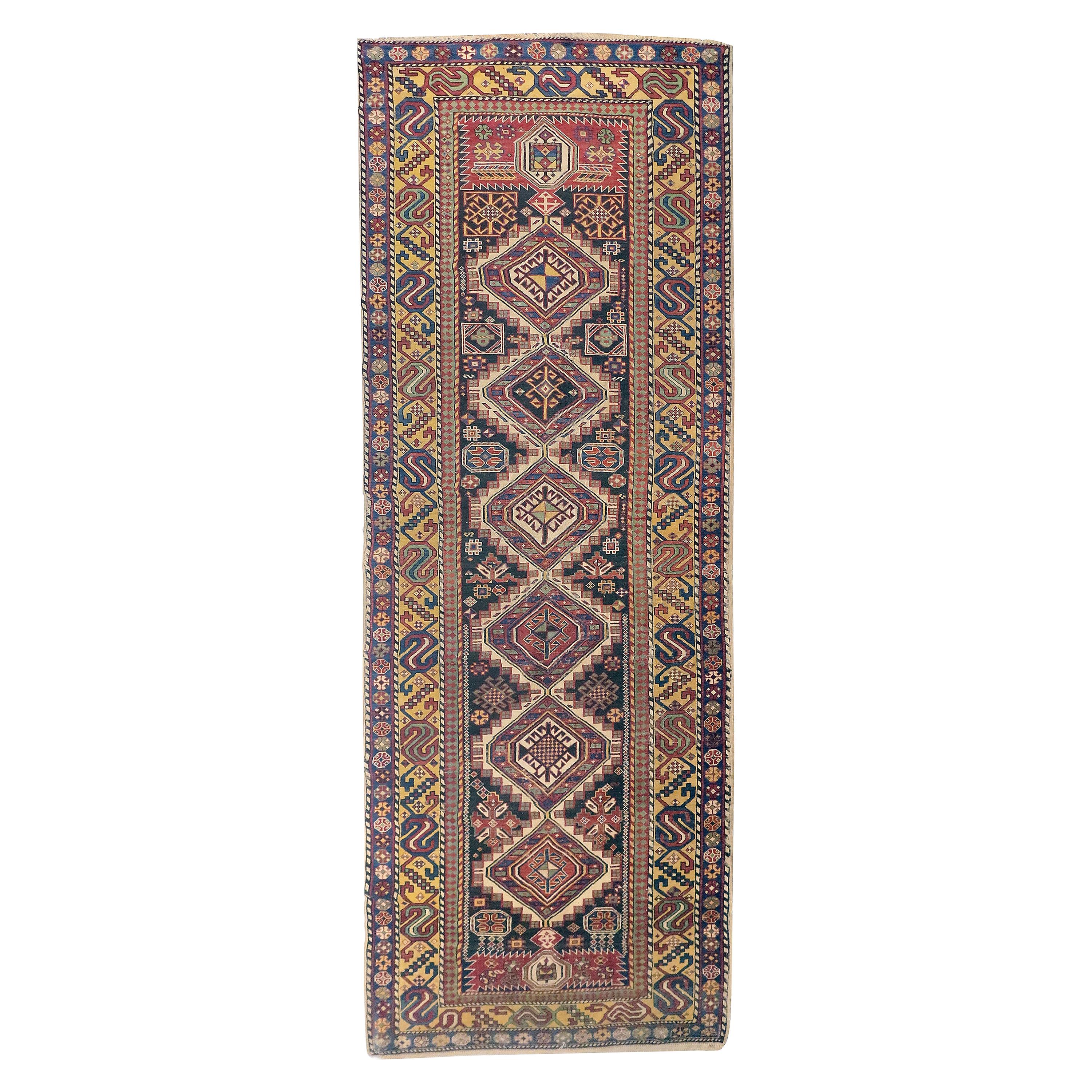 Fine Antique Caucasian Shriven Runner Rug, Hand Knotted, circa 1890