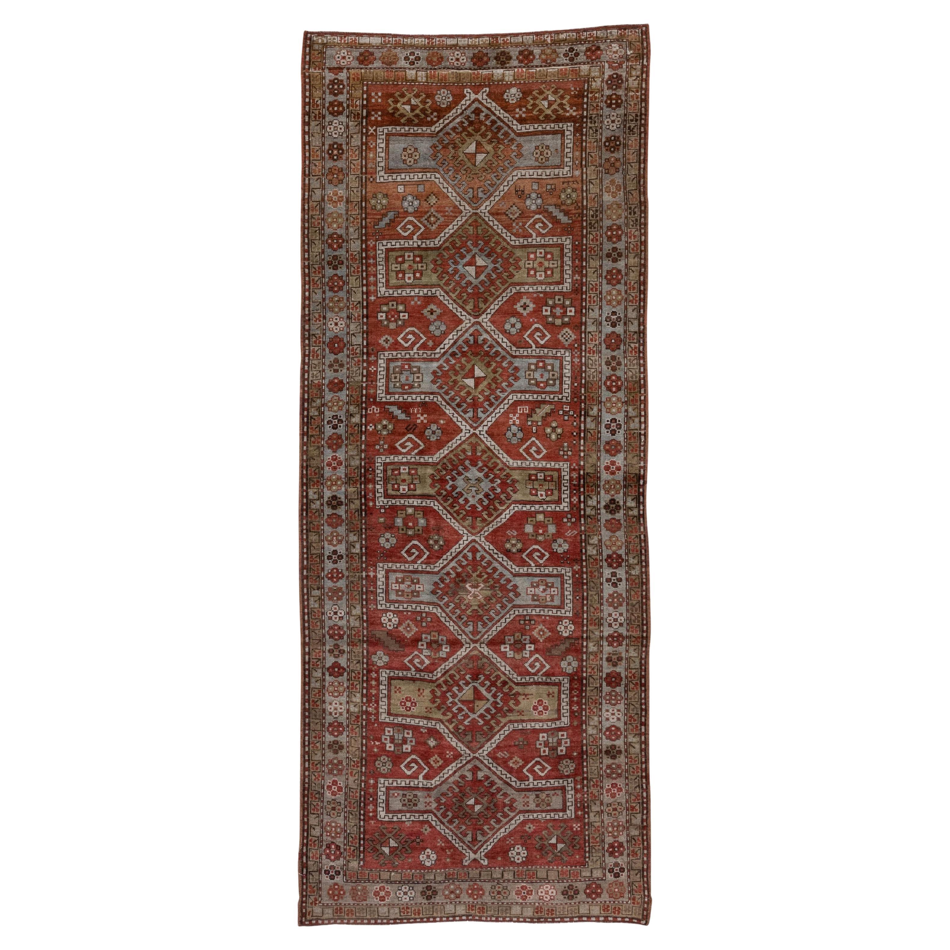 Fine Antique Caucasian Wide Runner, Red Field, Shiny Gray Borders & Olive Tones