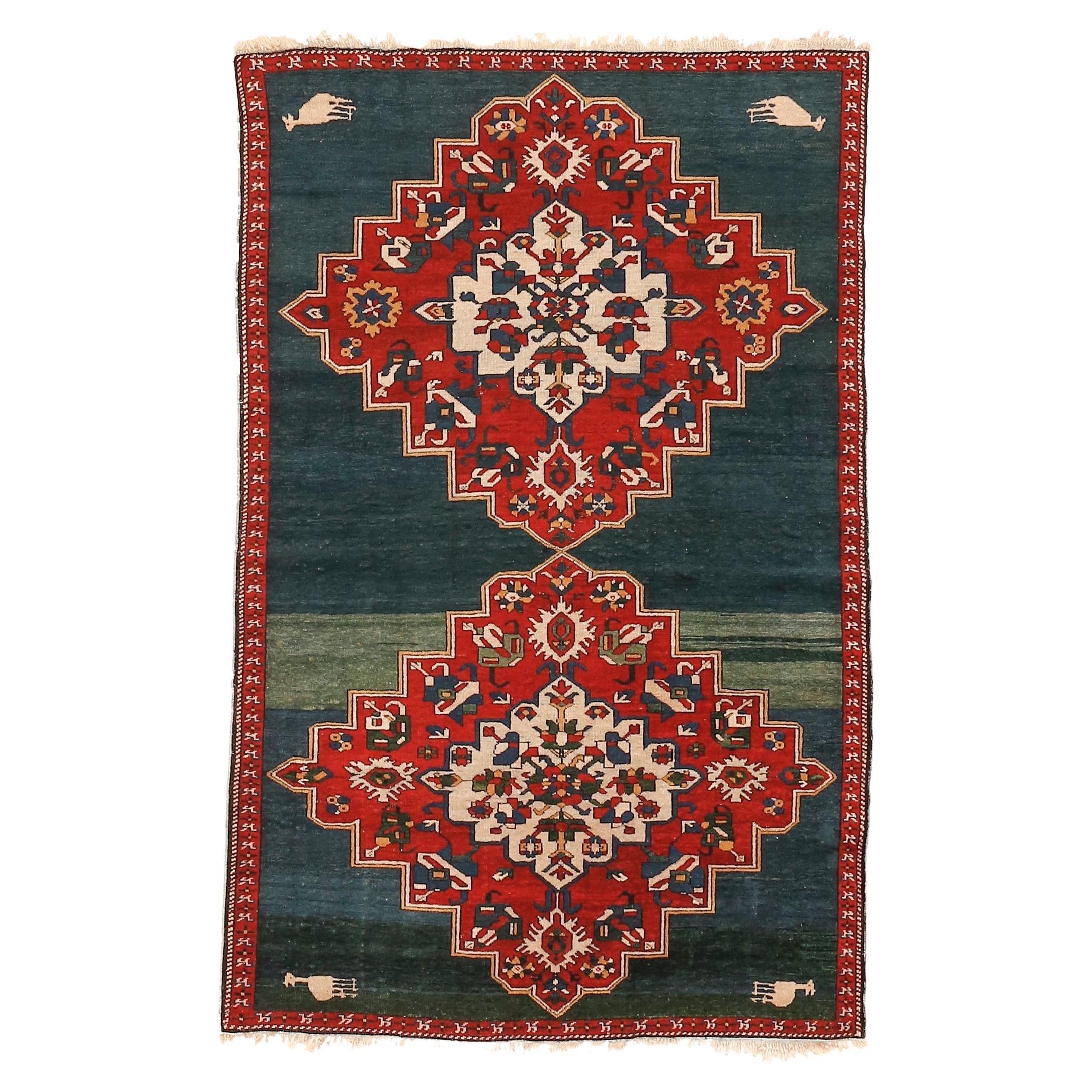 Fine Antique Caucasian Zeikhur Rug with Rare Teal Green Background For Sale