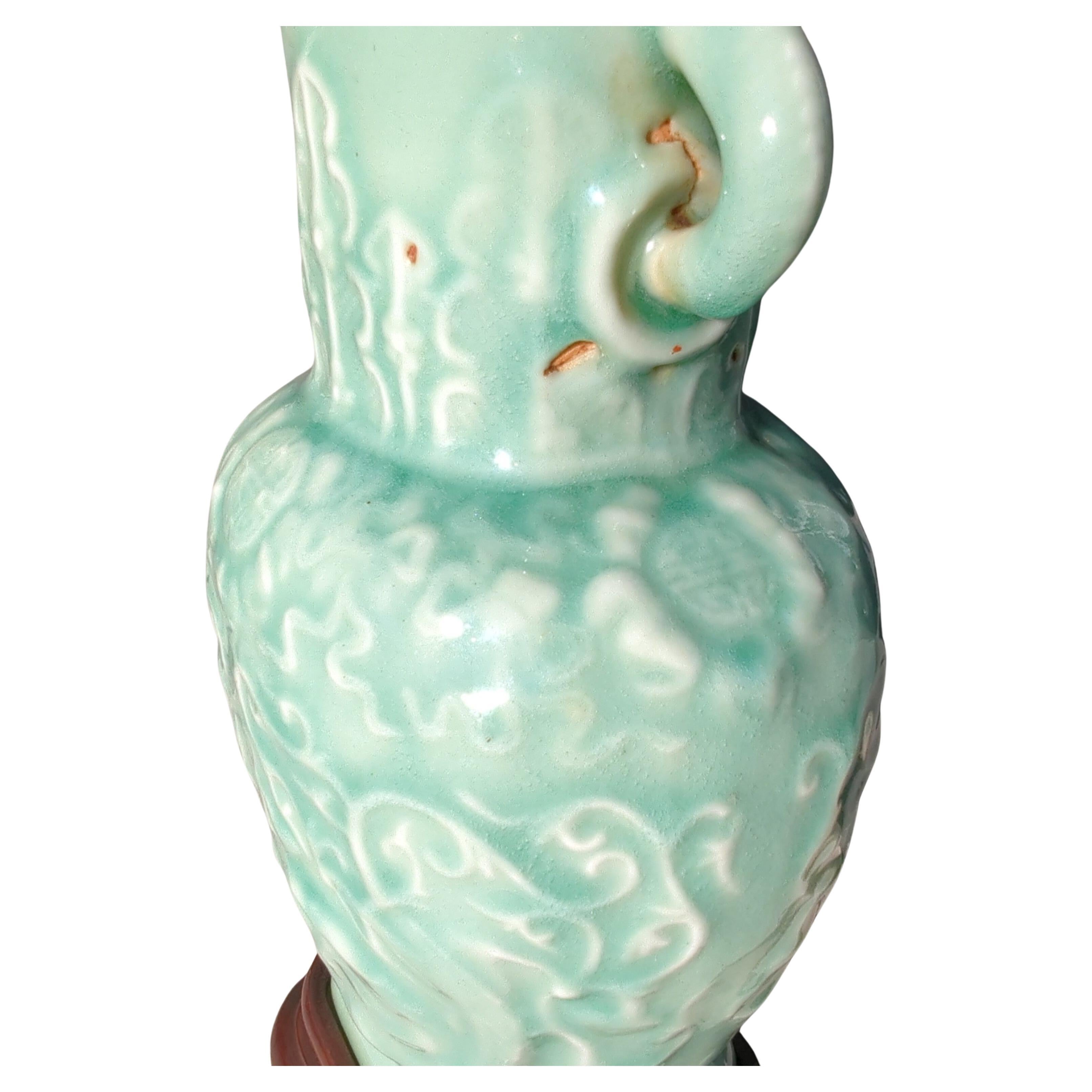 Exportation chinoise Fine Antique Chinese 19c Relief Carved Celadon Porcelain Vase Table Lamp 20c  en vente