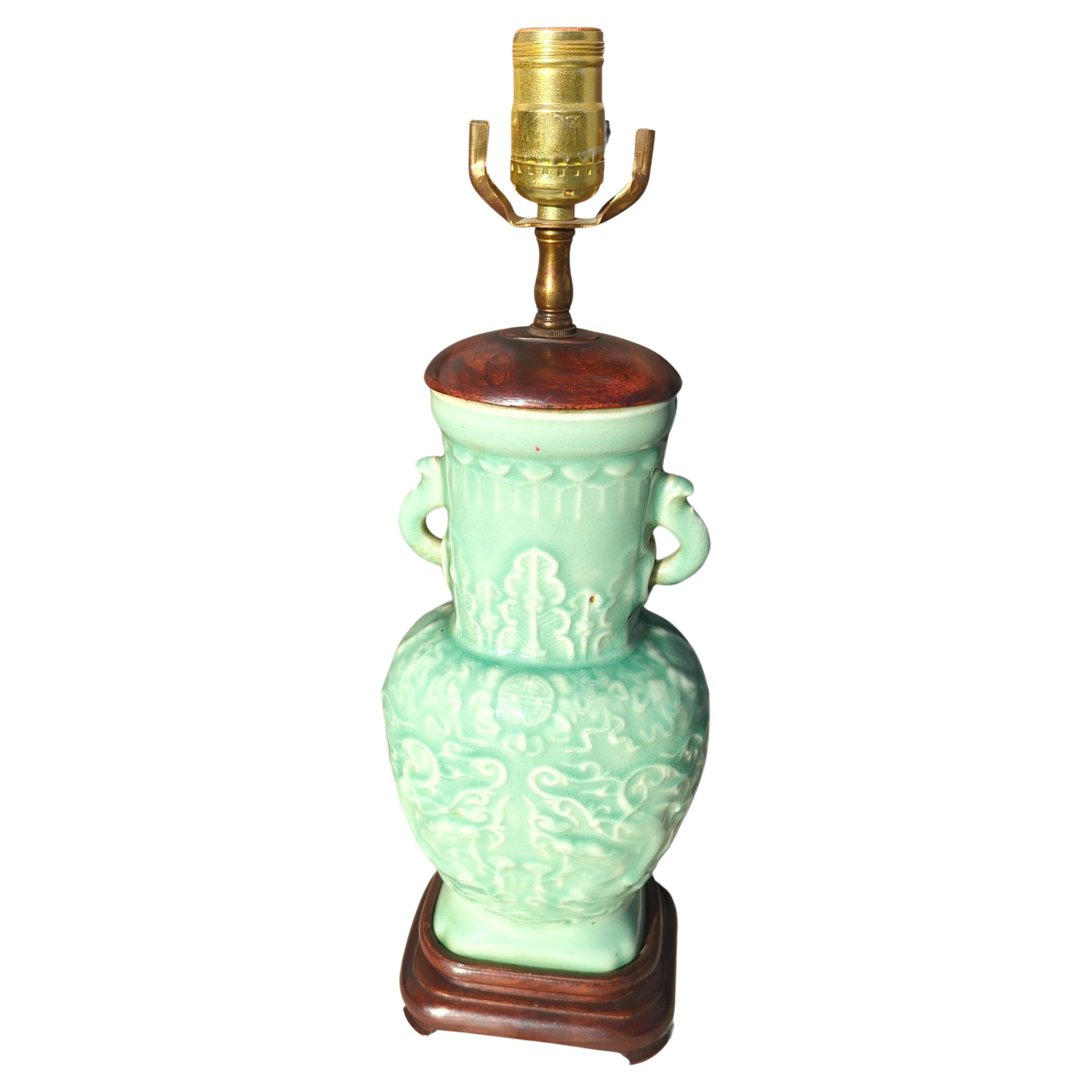 Fine Antique Chinese 19c Relief Carved Celadon Porcelain Vase Table Lamp 20c  In Good Condition For Sale In Richmond, CA
