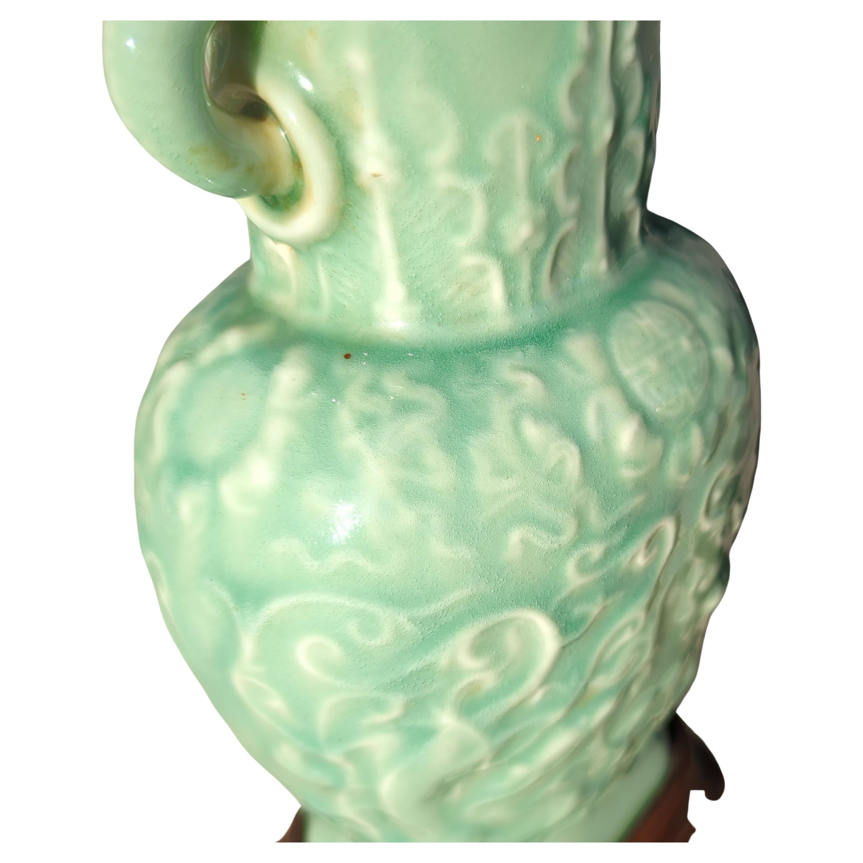 20th Century Fine Antique Chinese 19c Relief Carved Celadon Porcelain Vase Table Lamp 20c  For Sale