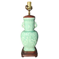 Fine Antique Chinese 19c Relief Carved Celadon Porcelain Vase Table Lamp 20c 
