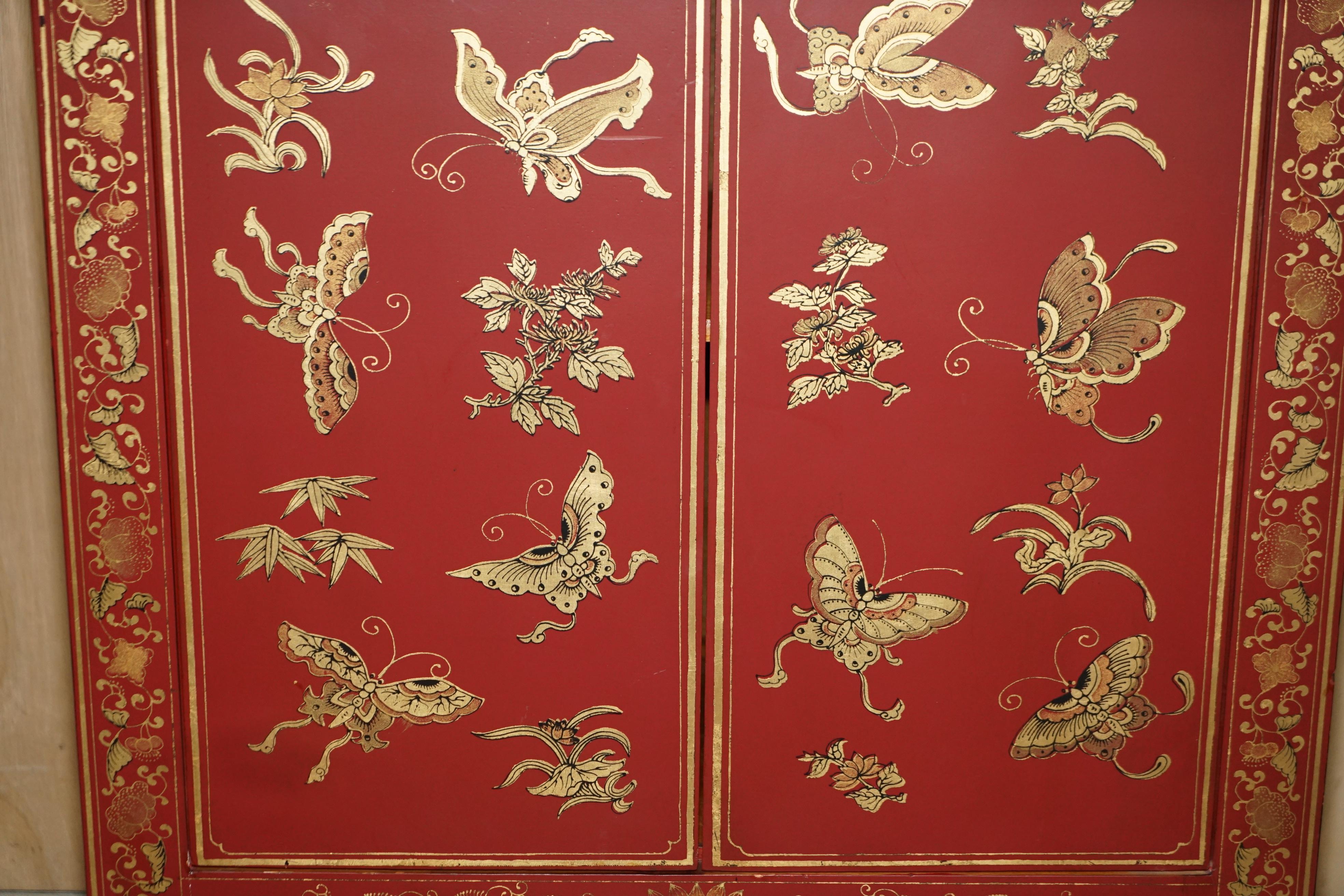 Fine Antique Chinese Butterfly Hand Painted Lacquered Large Side Table Cupboard For Sale 6