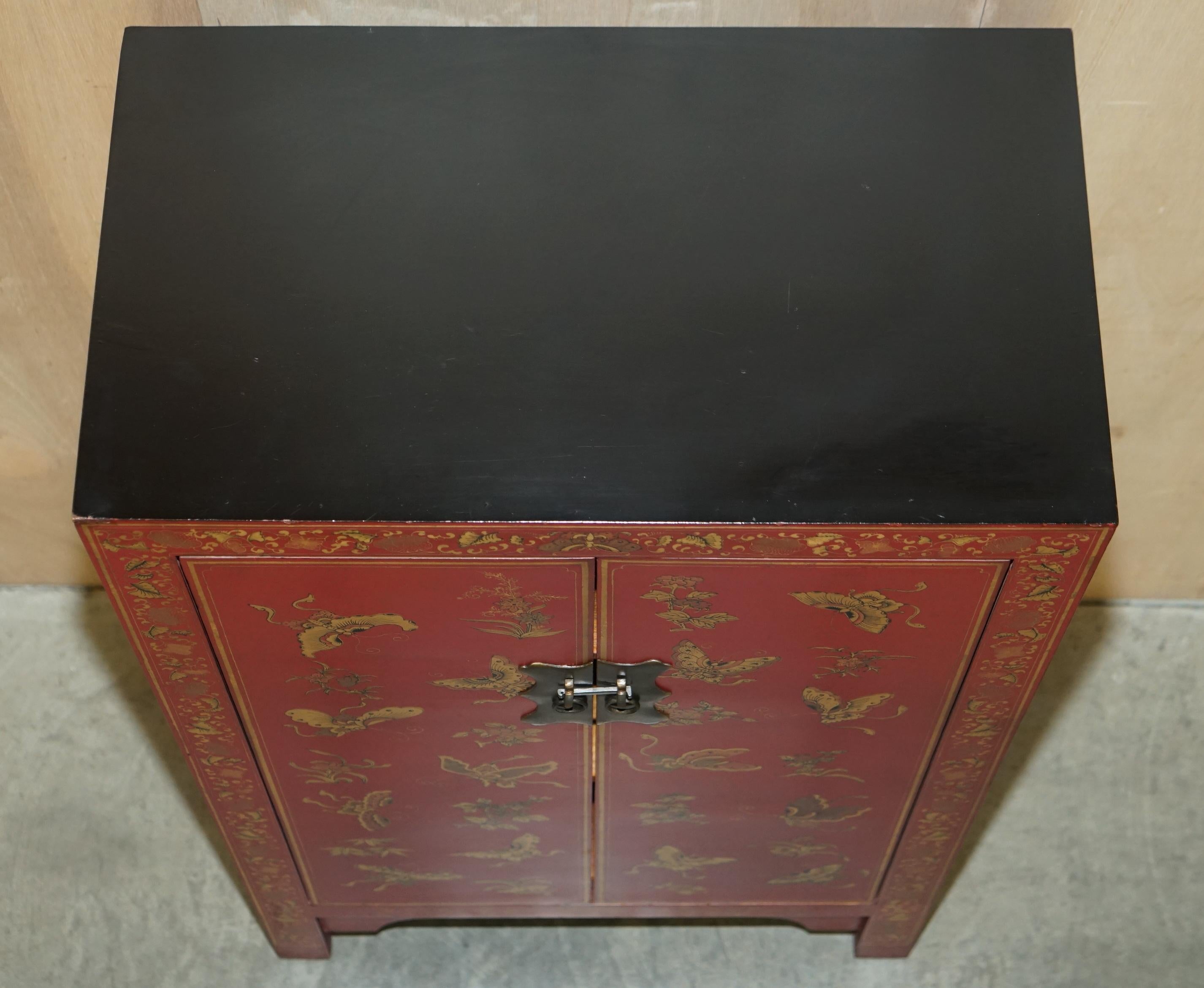Fine Antique Chinese Butterfly Hand Painted Lacquered Large Side Table Cupboard For Sale 8